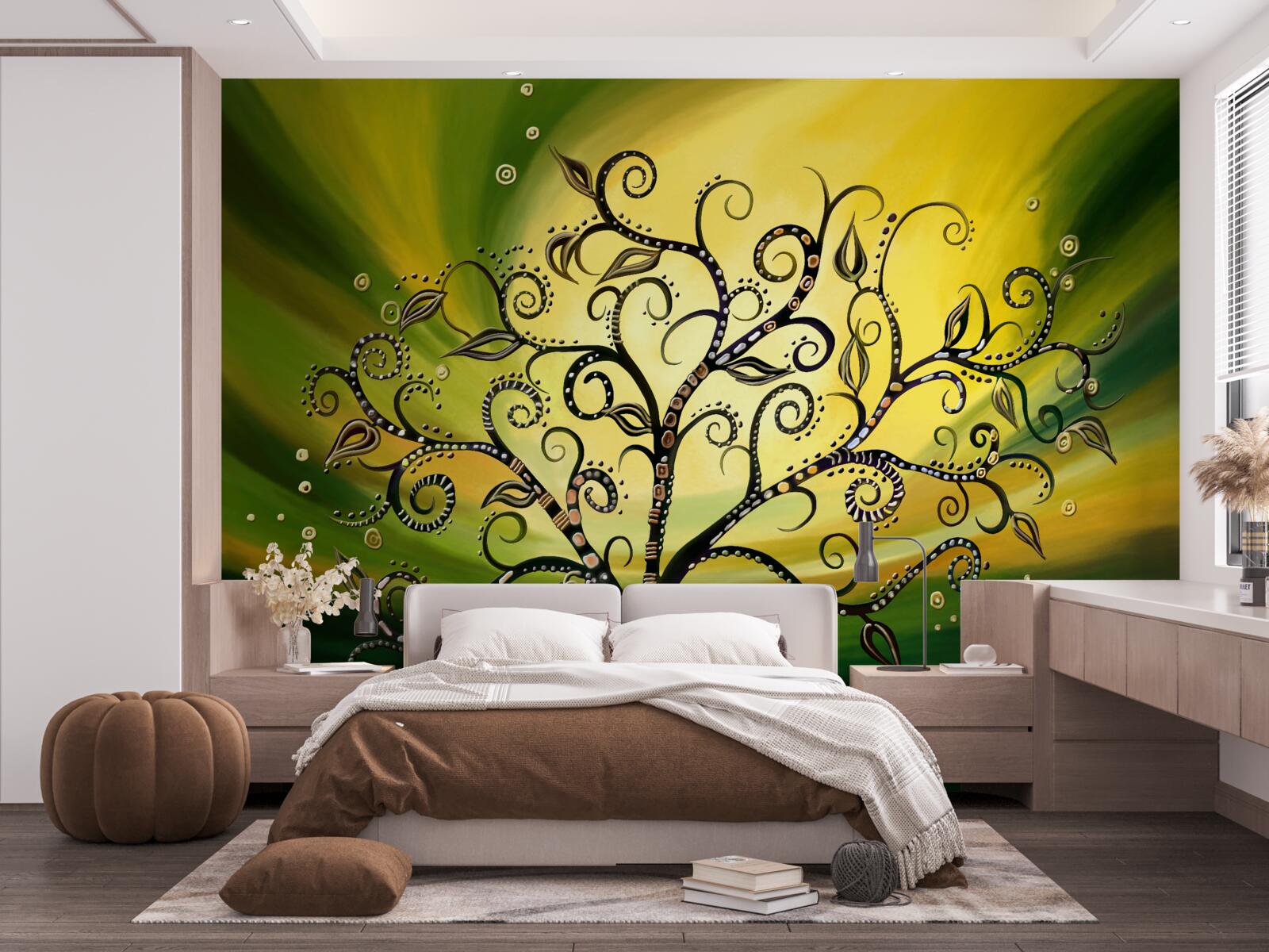 Papier peint arbre avec des motifs sur un ciel vert au coucher du soleil