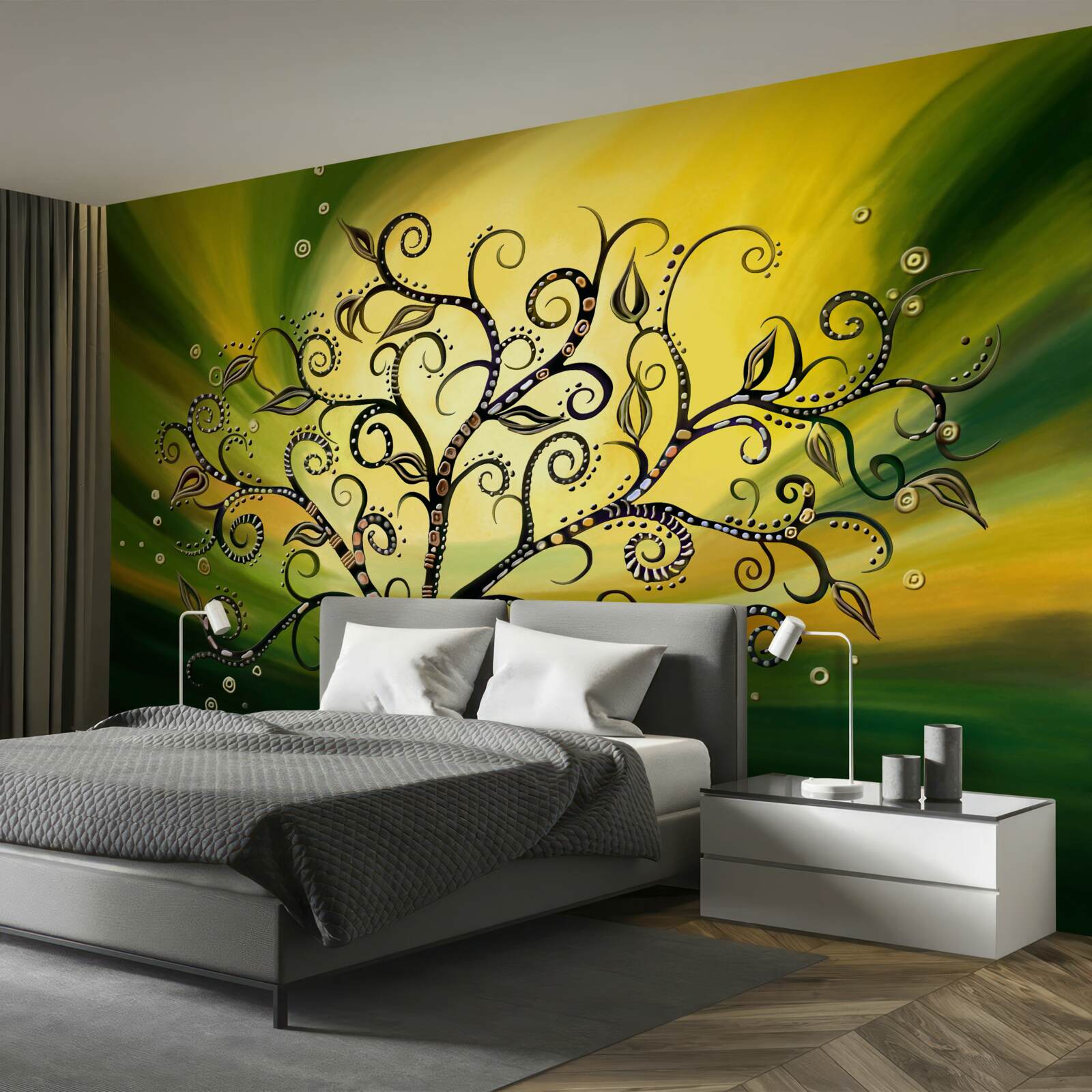 Papier peint arbre avec des motifs sur un ciel vert au coucher du soleil