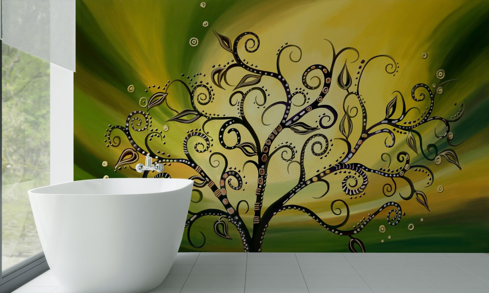 Papier peint arbre avec des motifs sur un ciel vert au coucher du soleil