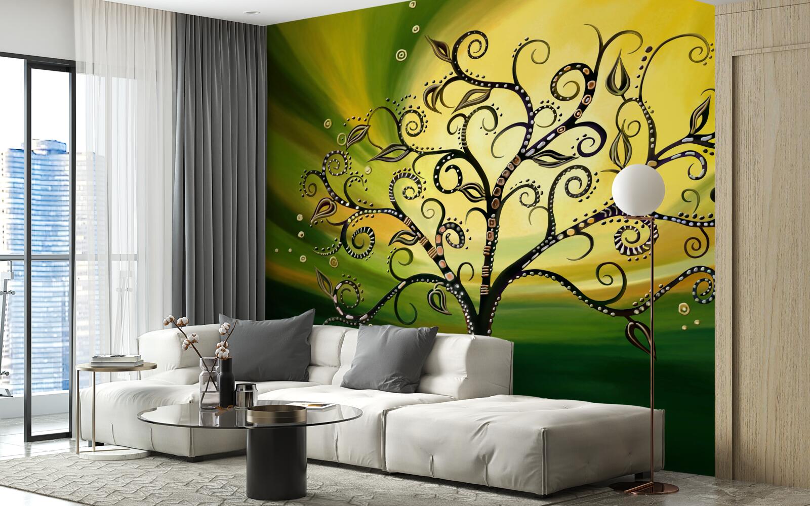 Papier peint arbre avec des motifs sur un ciel vert au coucher du soleil