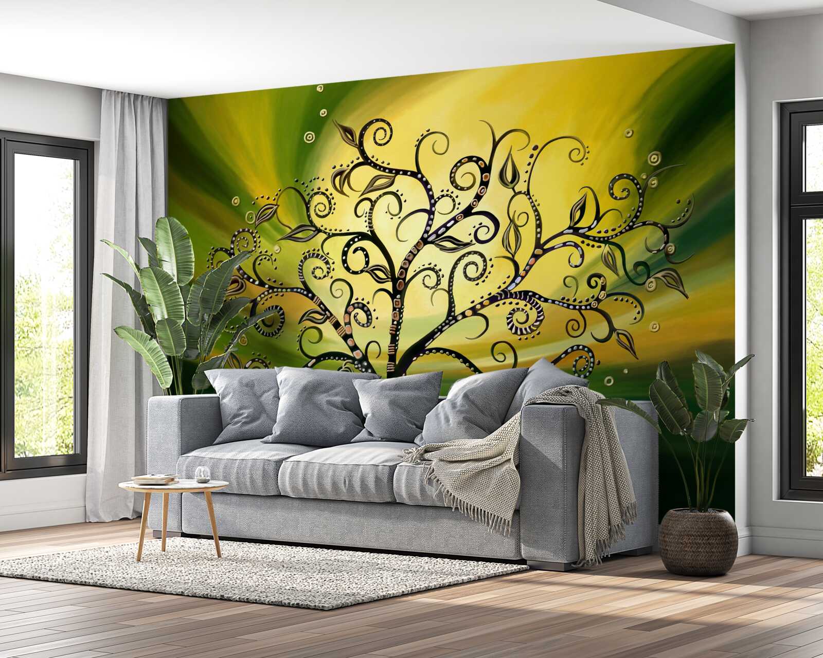 Papier peint arbre avec des motifs sur un ciel vert au coucher du soleil