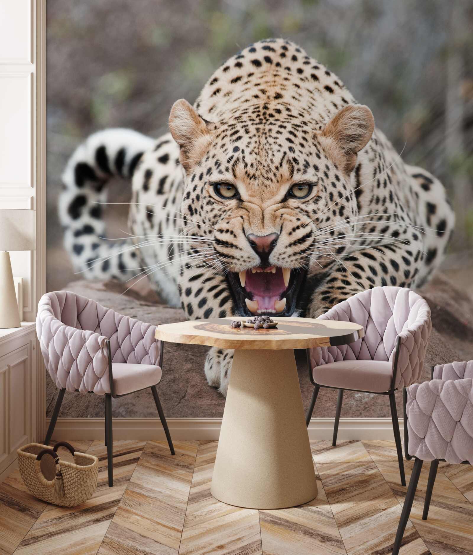 Papier peint léopard excité se préparant à sauter