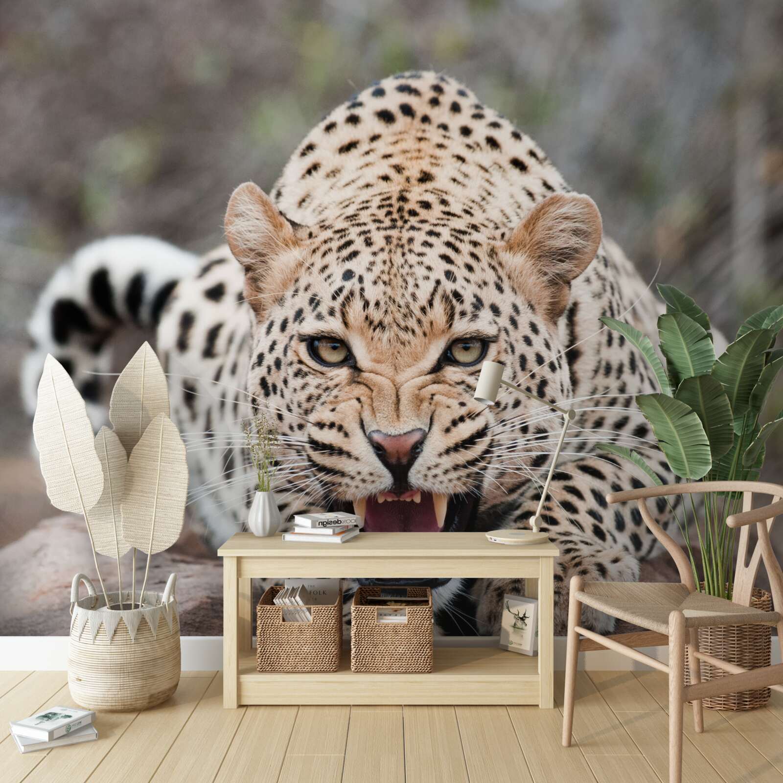 Papier peint léopard excité se préparant à sauter