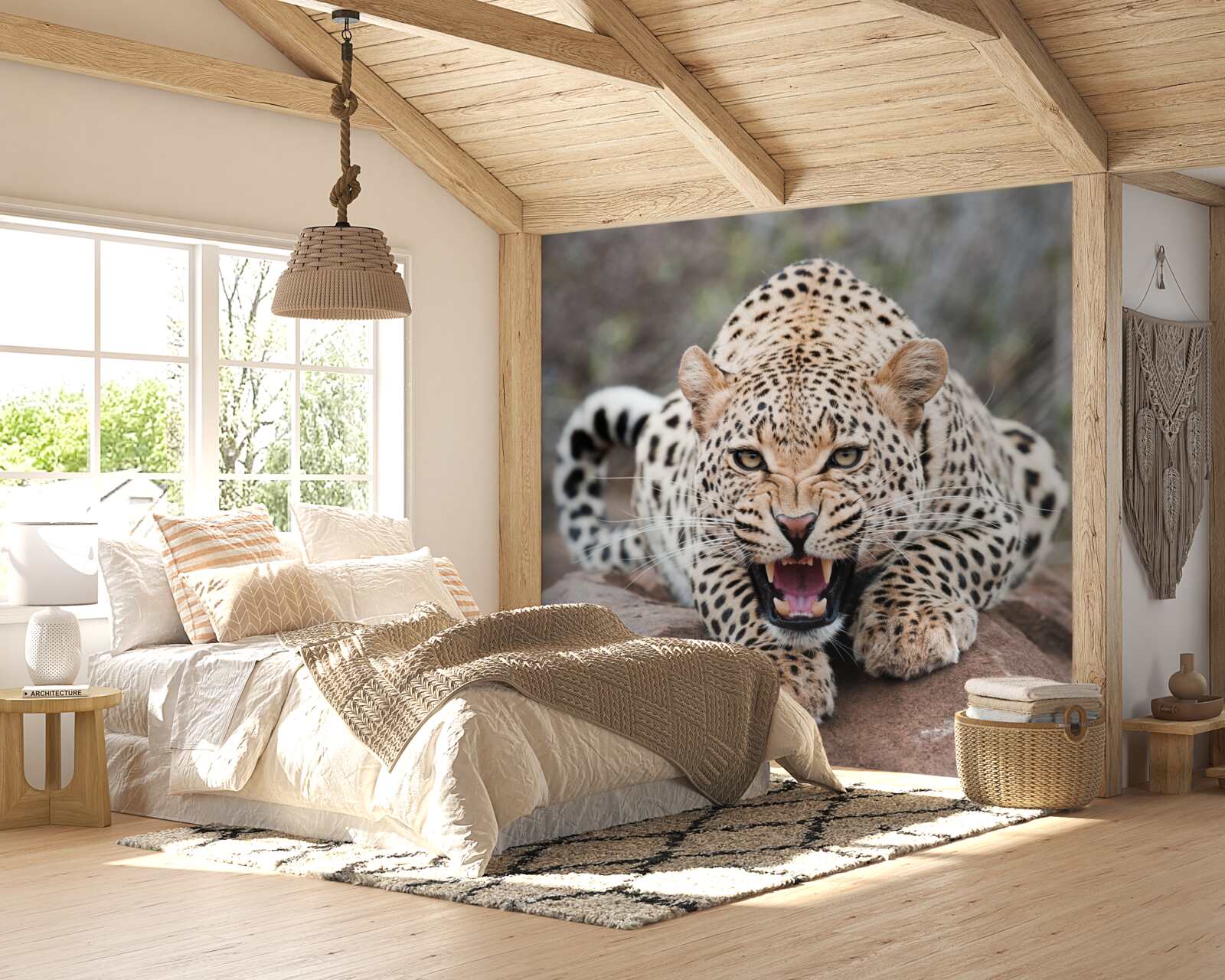 Papier peint léopard excité se préparant à sauter