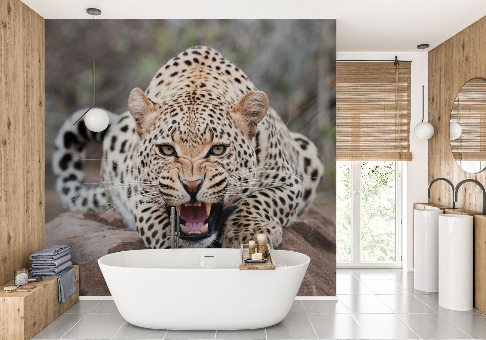 Papier peint léopard excité se préparant à sauter