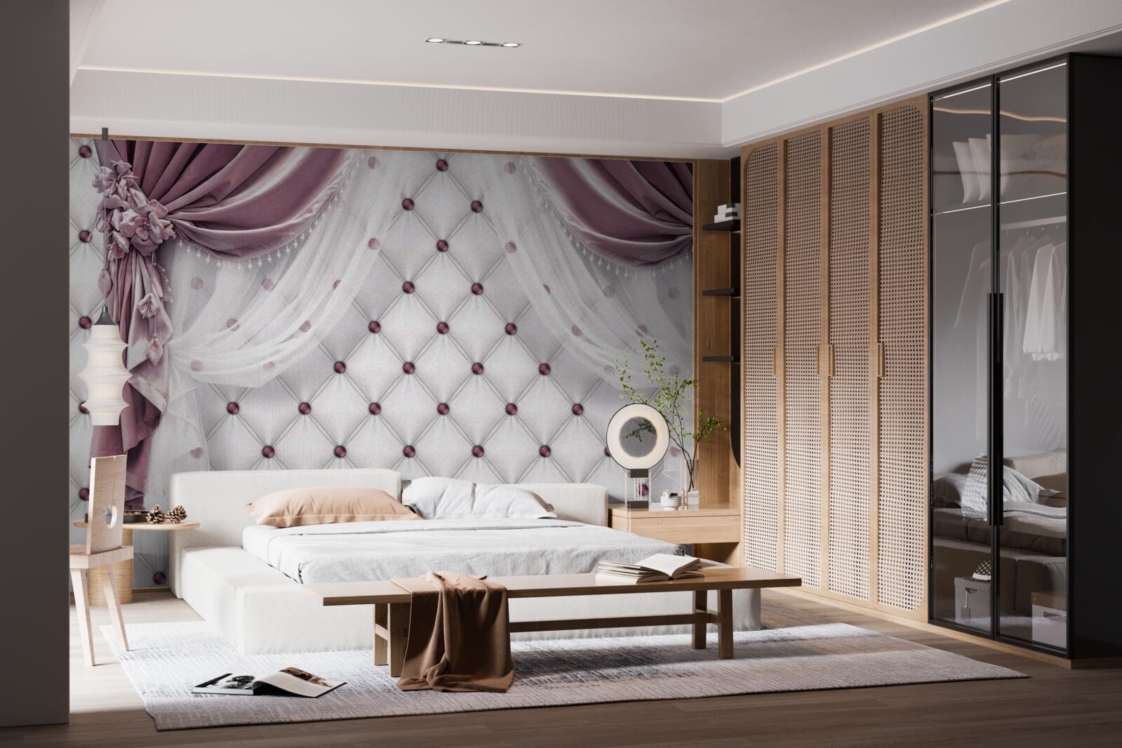 Papier peint corniches élégantes et teintes blanches nacrées