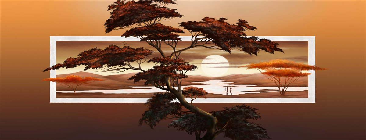 Papier peint Un arbre majestueux et luxuriant se dresse sur fond de soleil couchant.