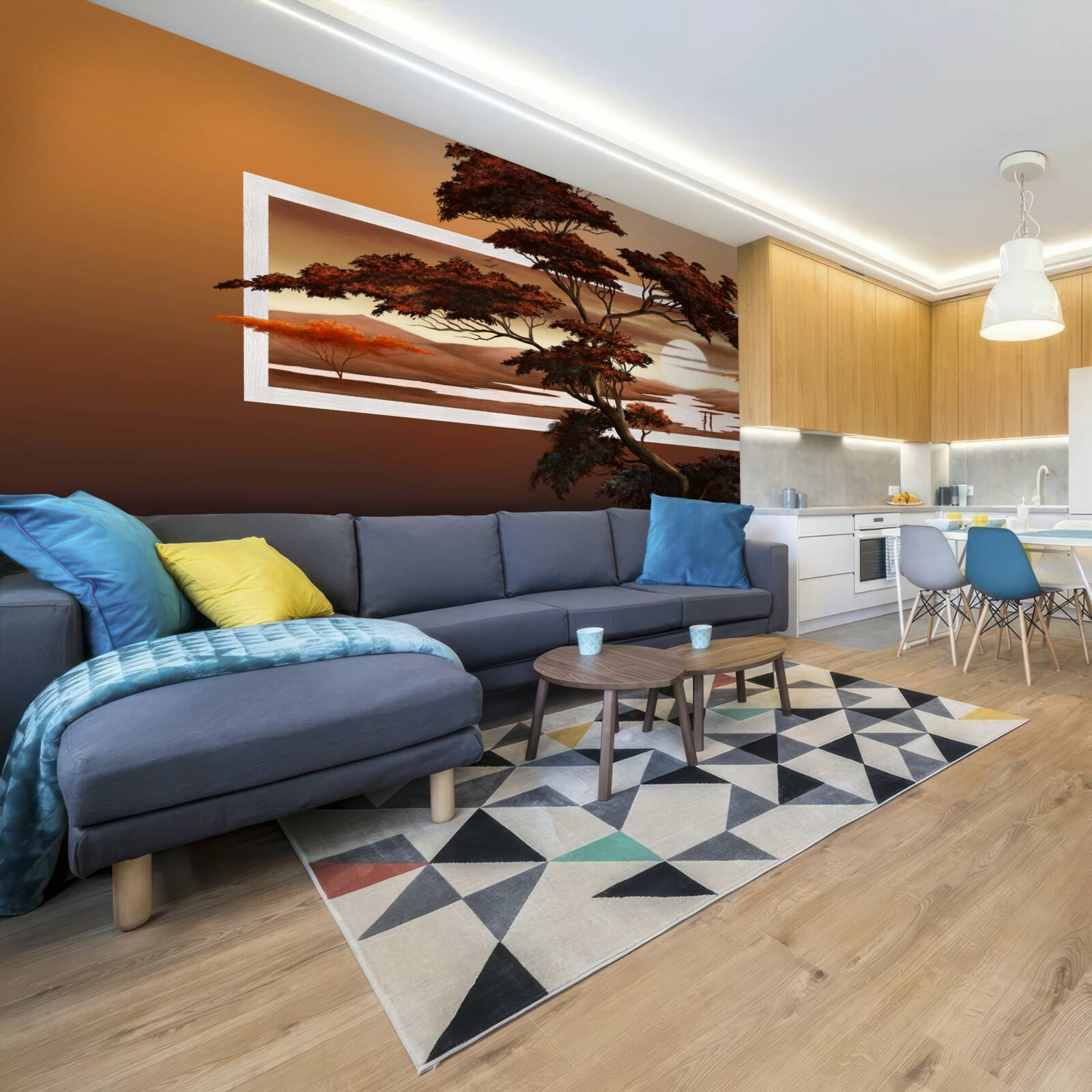 Papier peint Un arbre majestueux et luxuriant se dresse sur fond de soleil couchant.