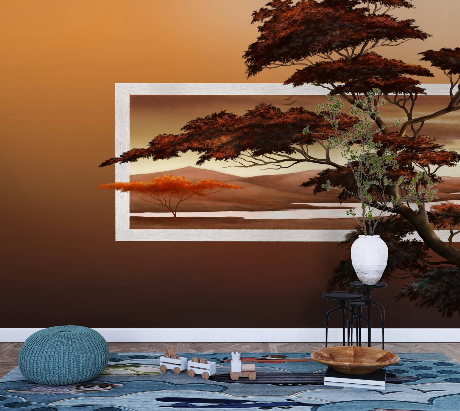 Papier peint Un arbre majestueux et luxuriant se dresse sur fond de soleil couchant.