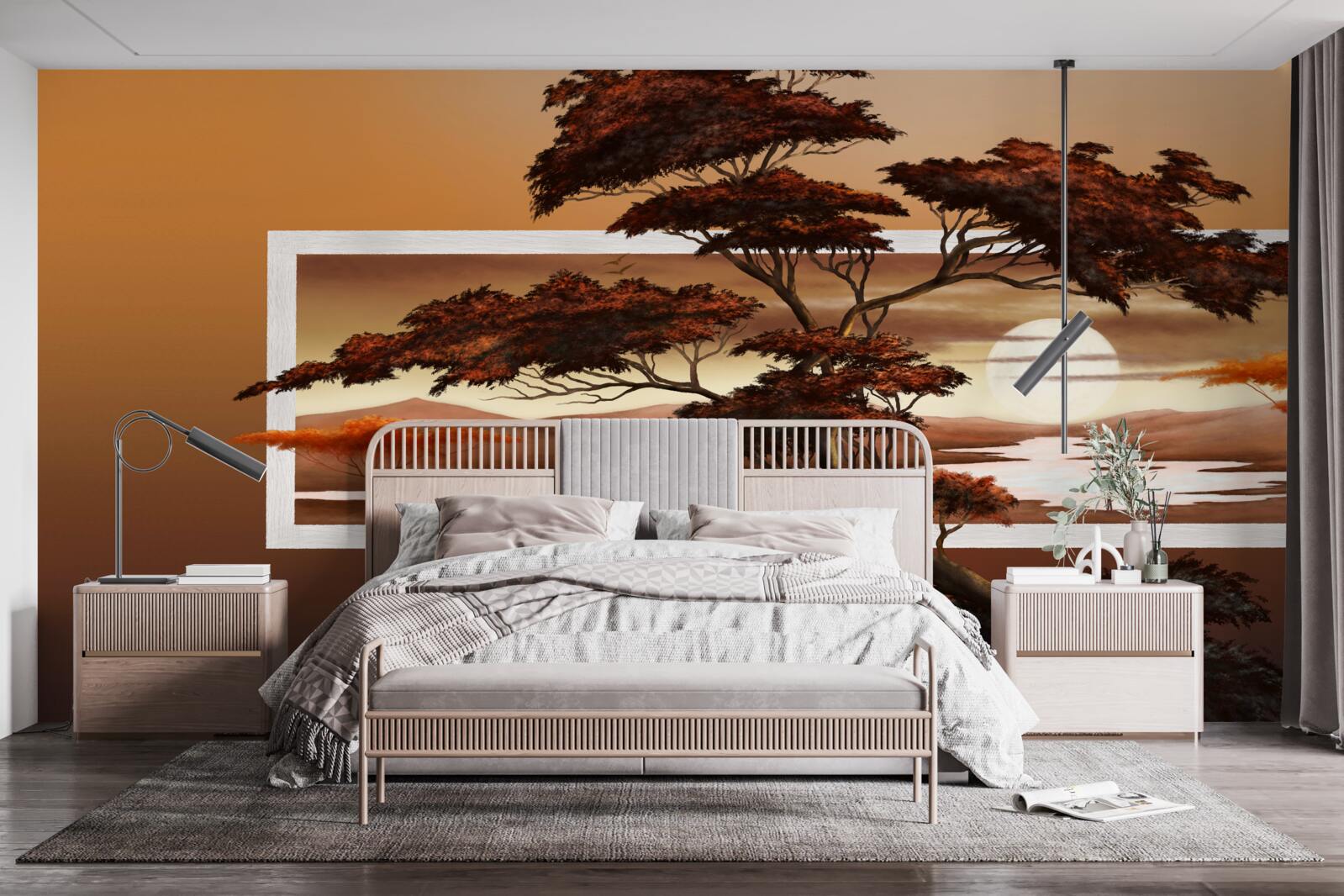 Papier peint Un arbre majestueux et luxuriant se dresse sur fond de soleil couchant.