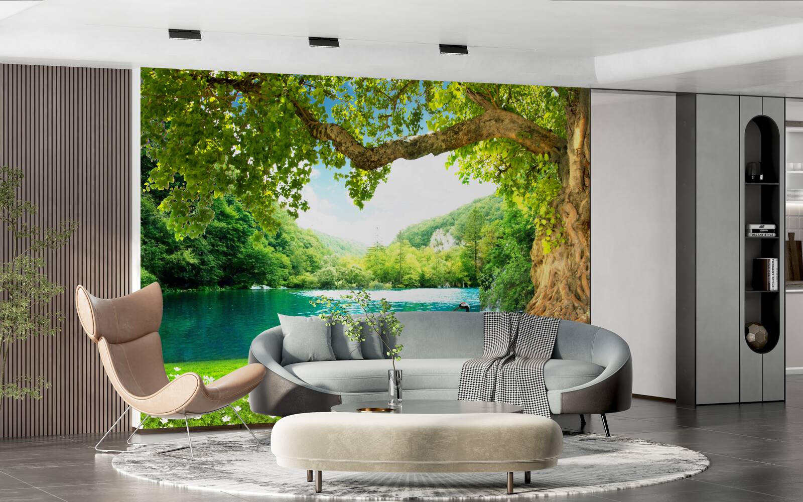 Papier peint deux grues dans un champ près d'un étang