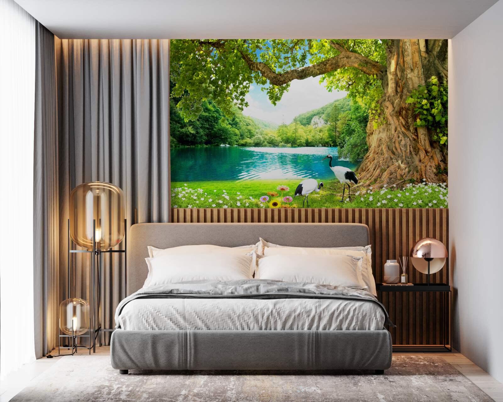 Papier peint deux grues dans un champ près d'un étang