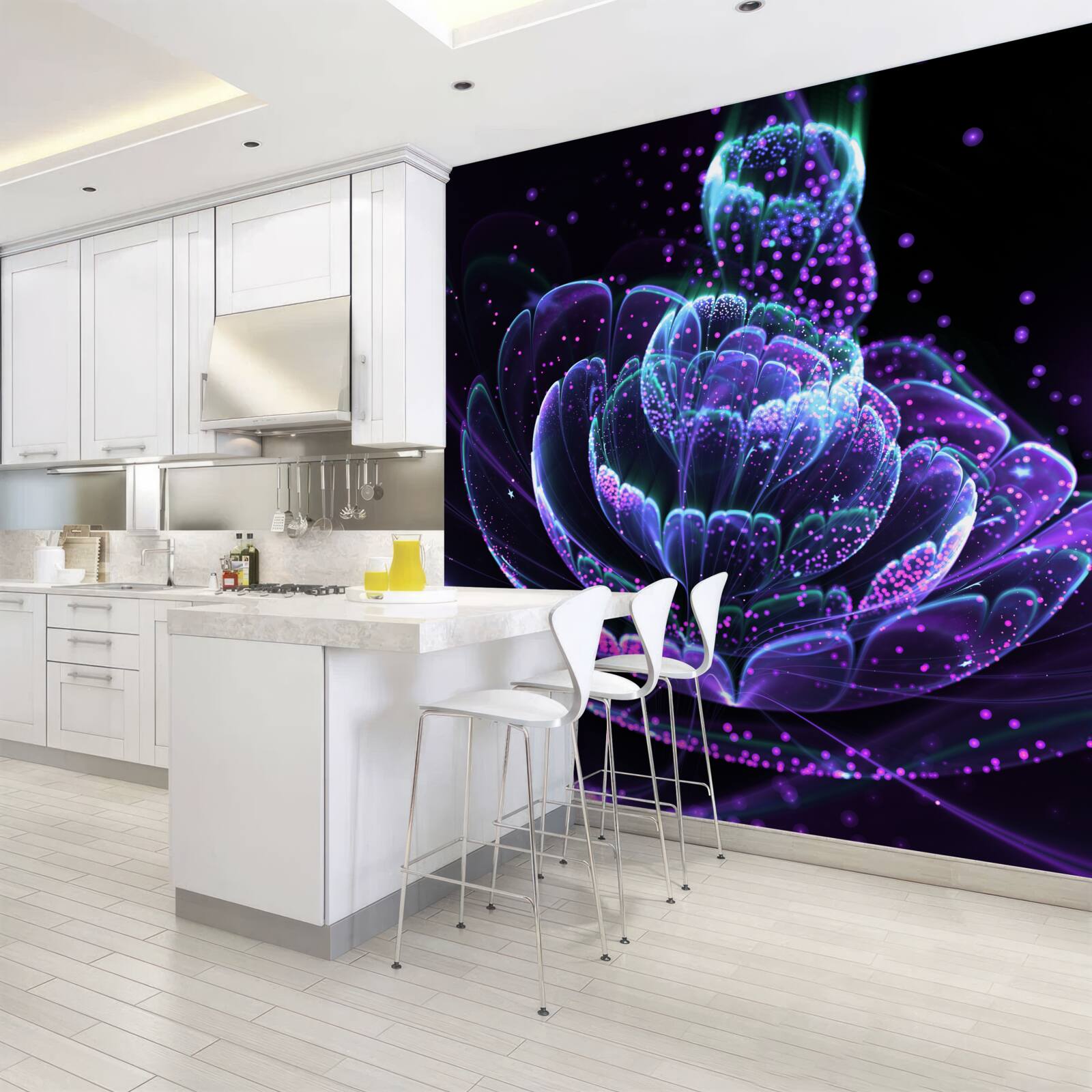 Papier peint fleur bleue abstraite sur fond noir