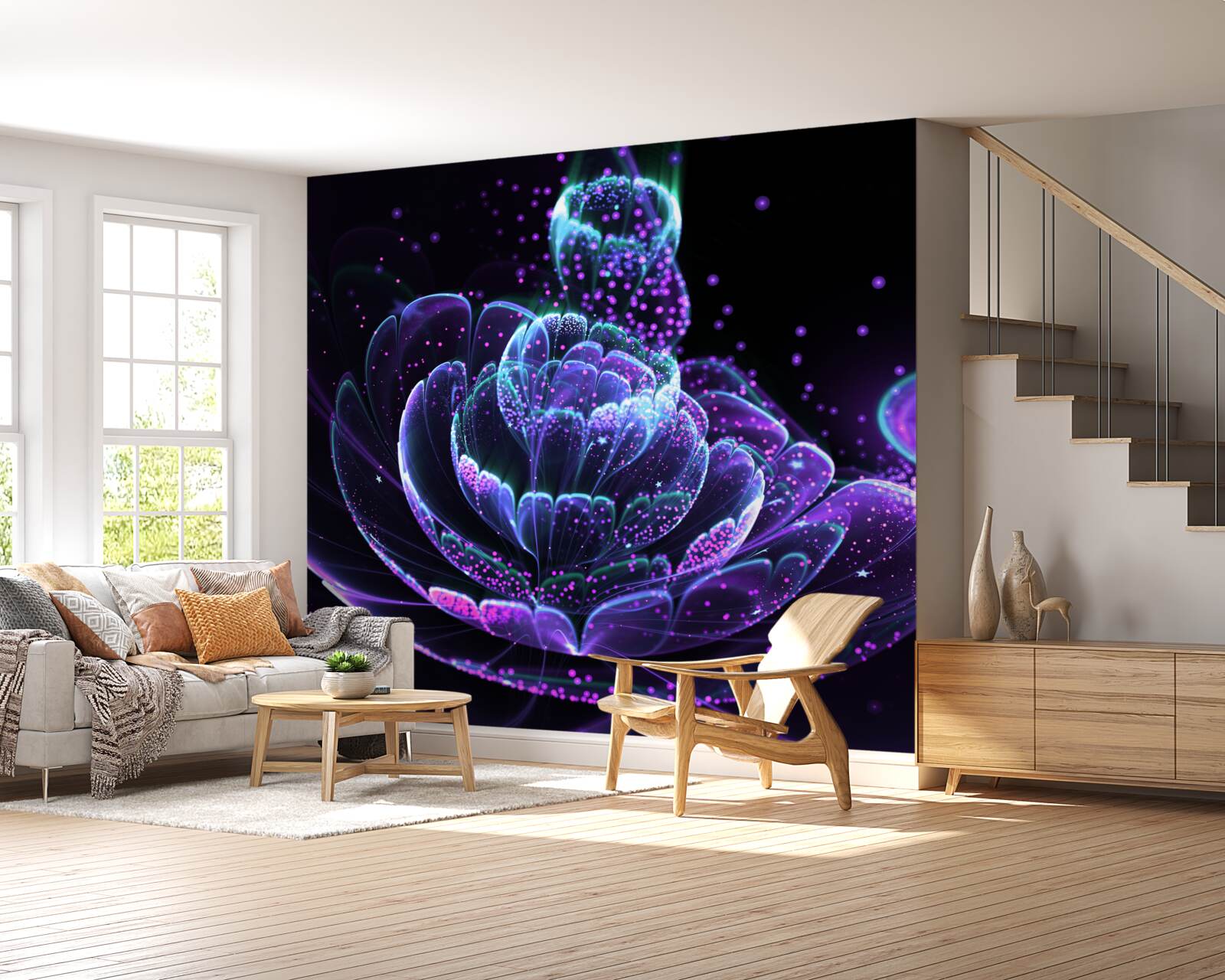 Papier peint fleur bleue abstraite sur fond noir