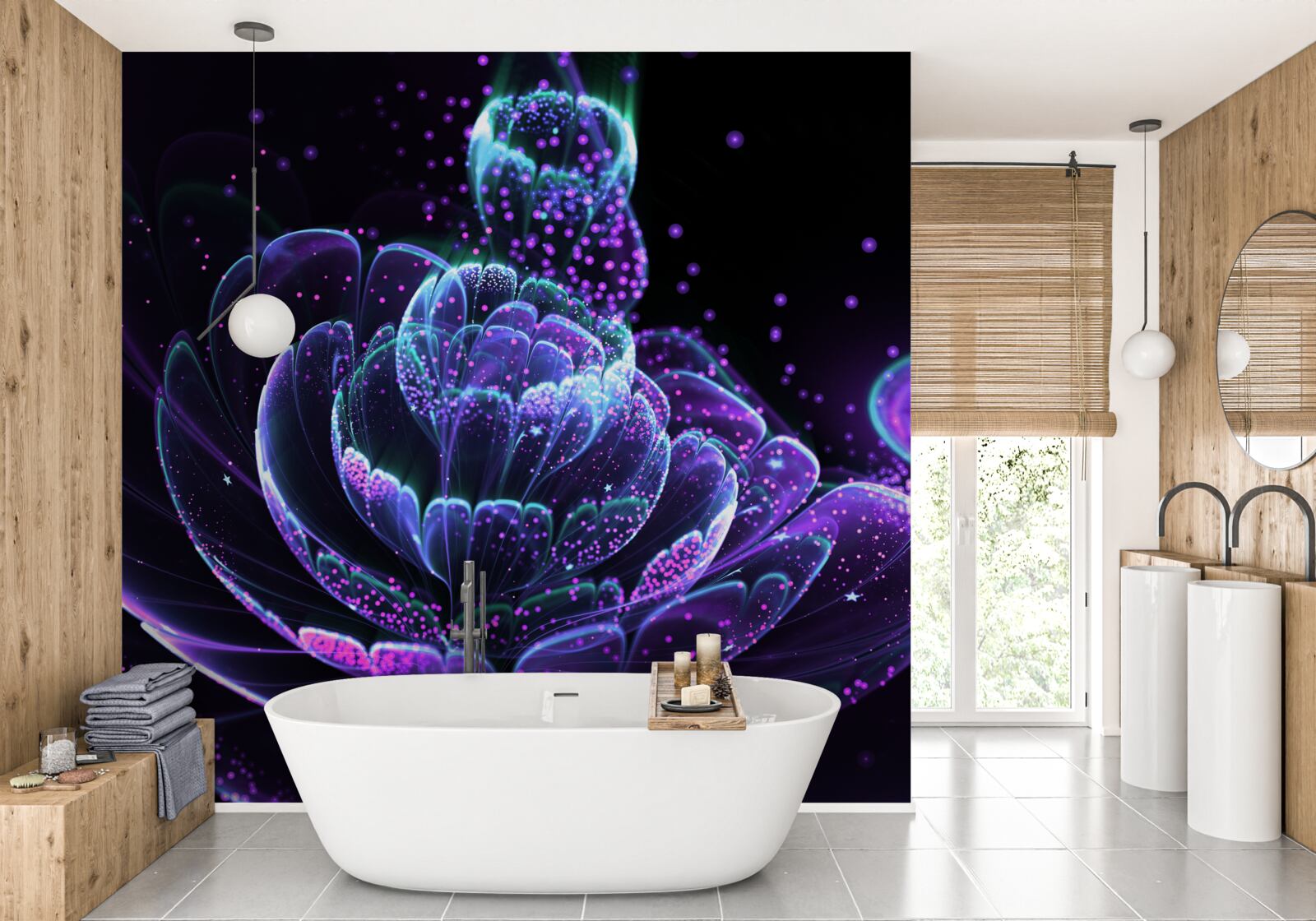 Papier peint fleur bleue abstraite sur fond noir