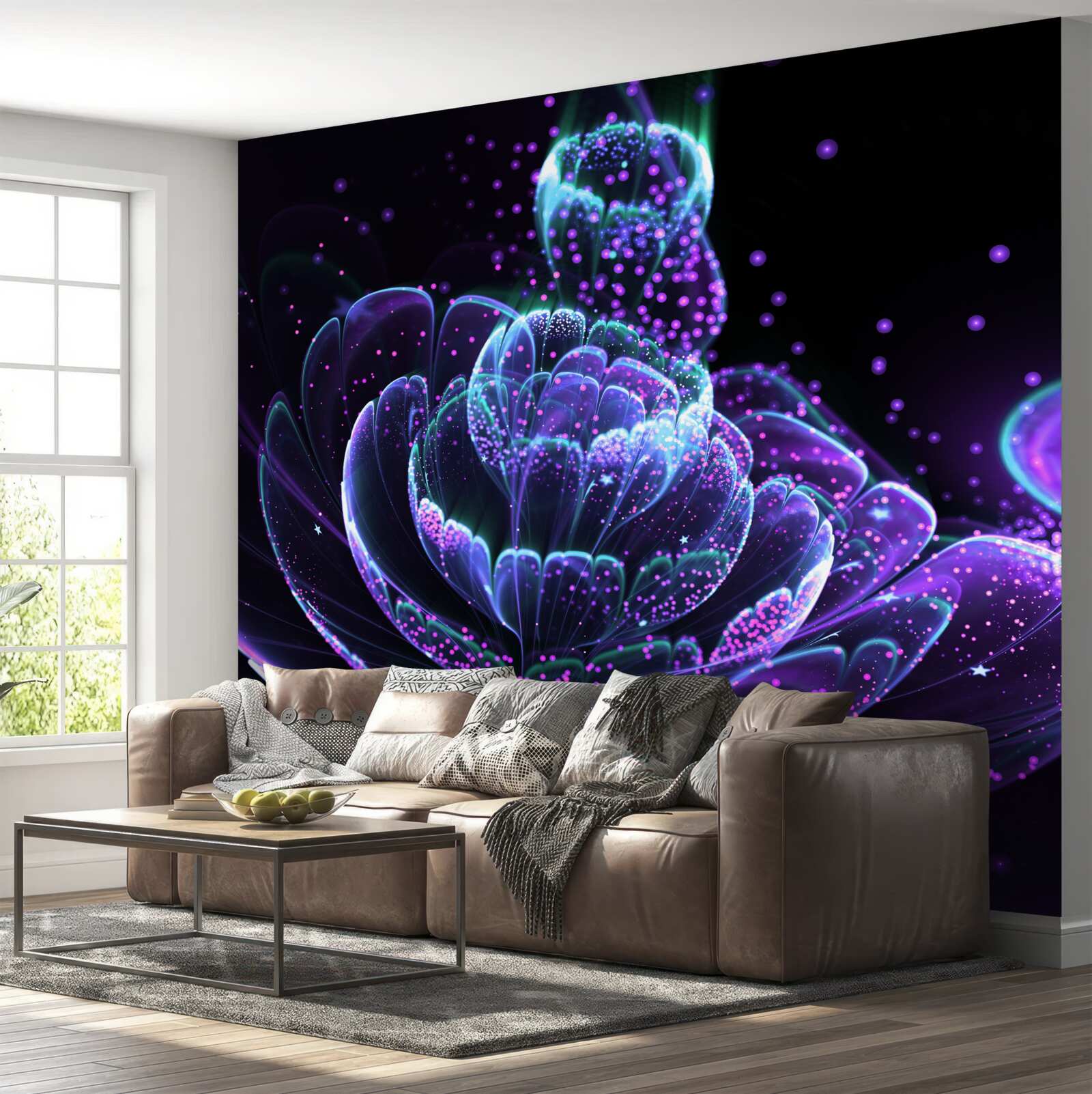 Papier peint fleur bleue abstraite sur fond noir