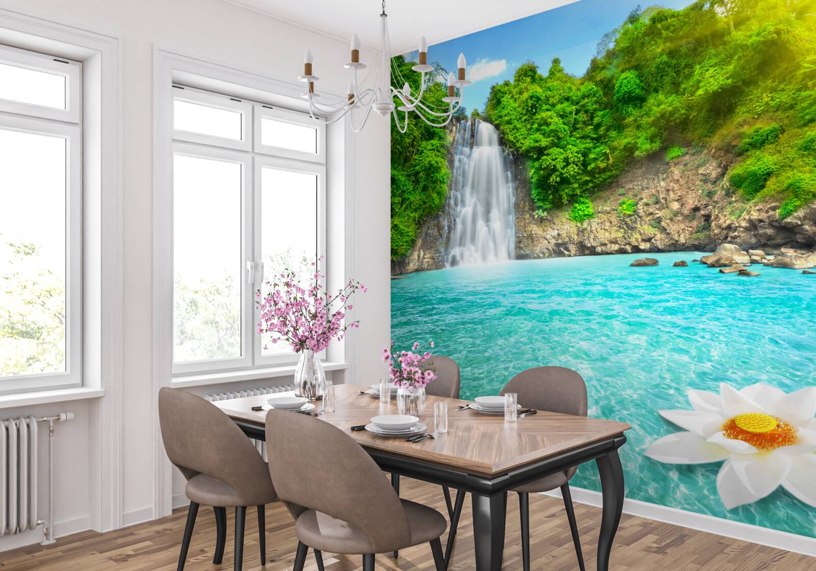 Papier peint cascade de montagne et lac de saphir