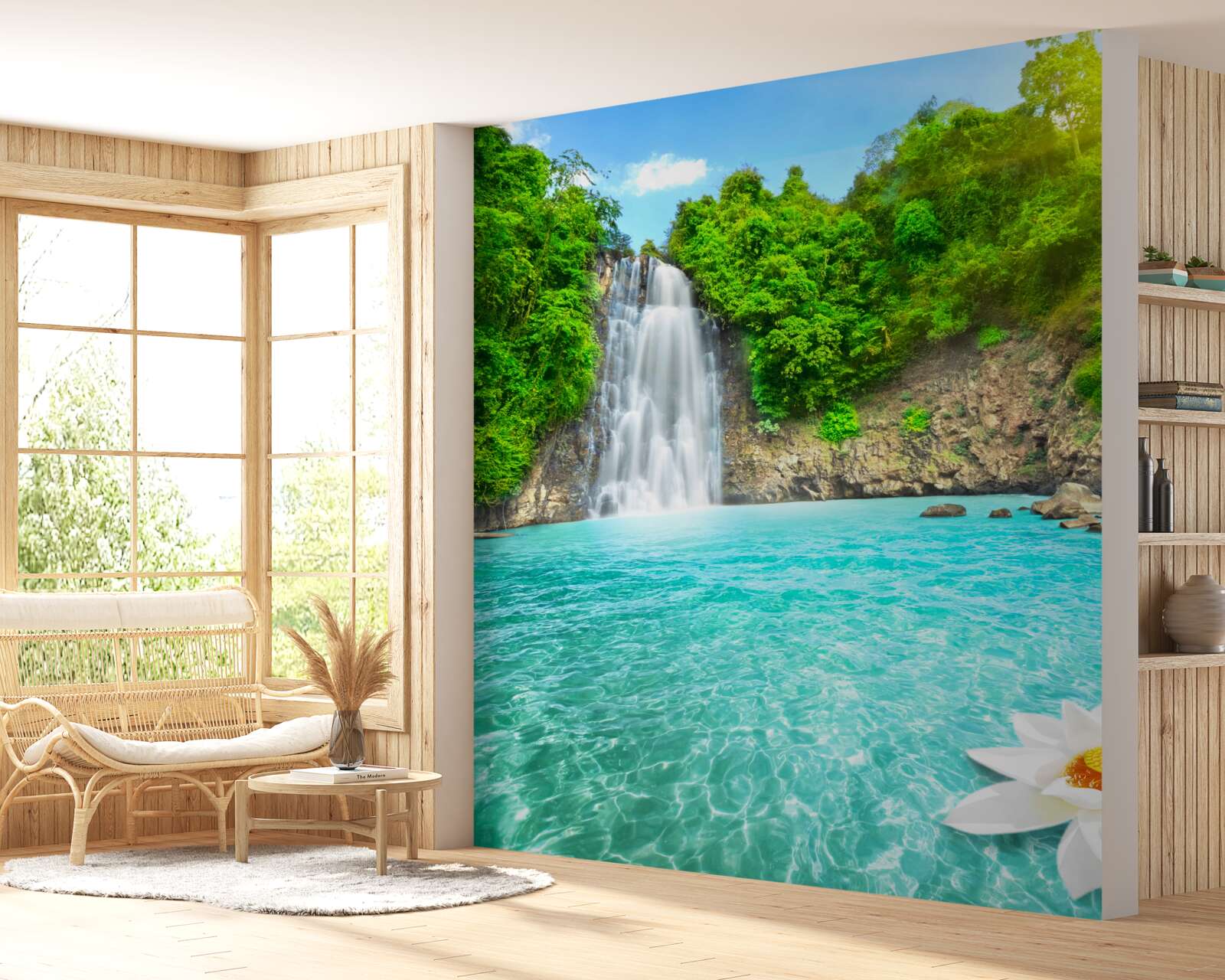 Papier peint cascade de montagne et lac de saphir