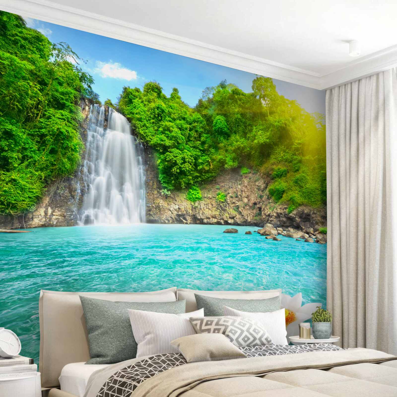 Papier peint cascade de montagne et lac de saphir