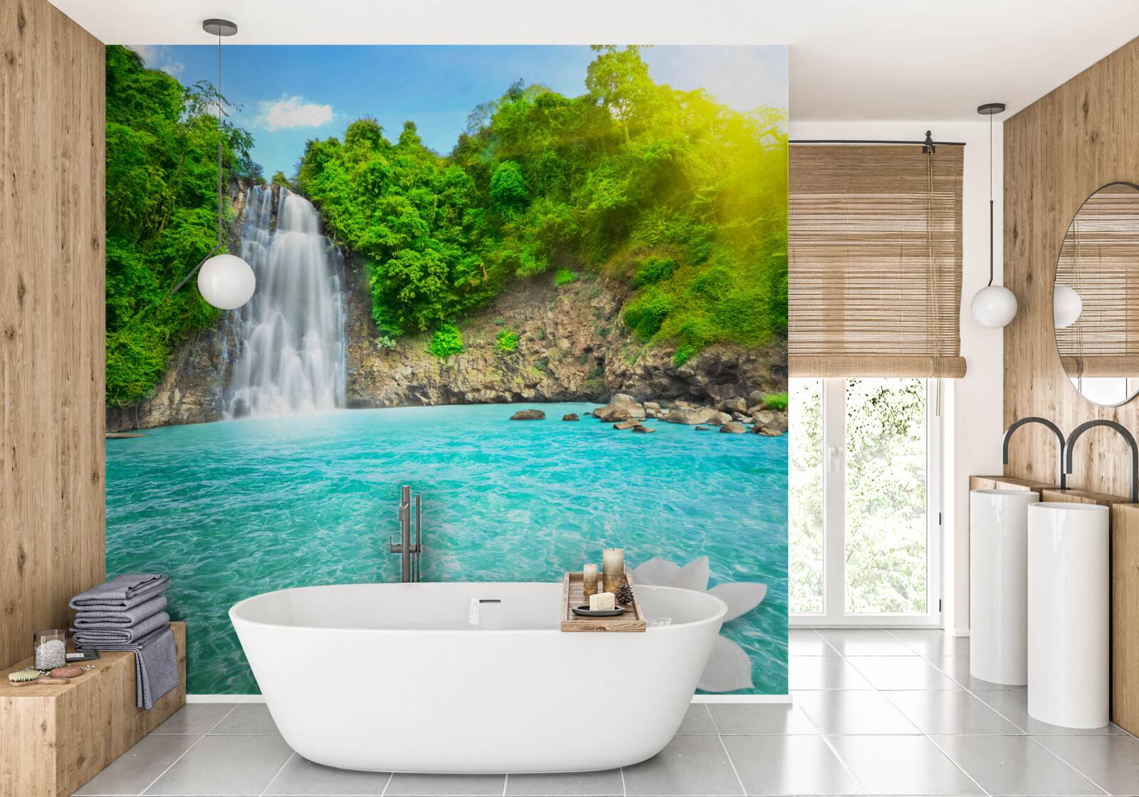 Papier peint cascade de montagne et lac de saphir