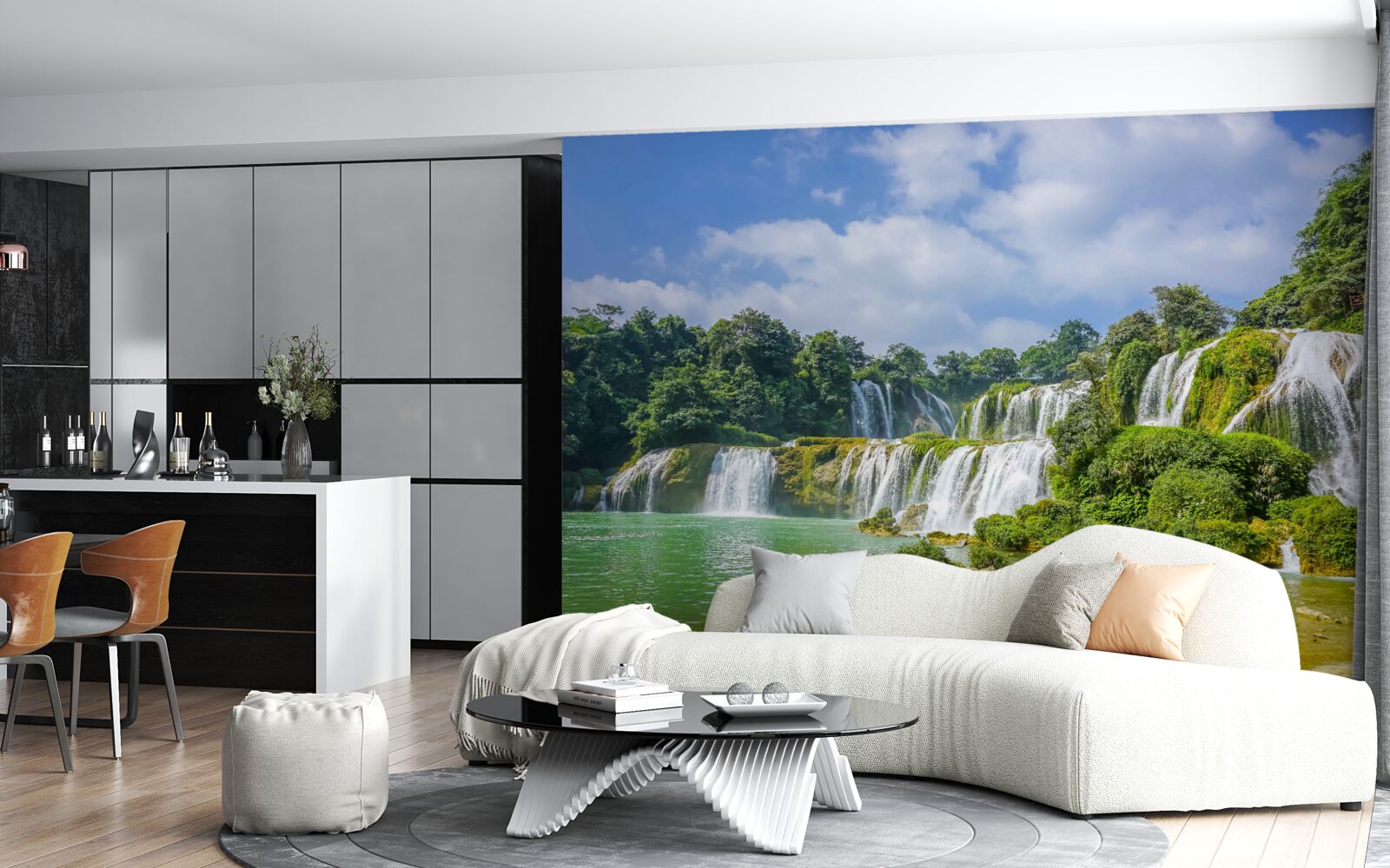 Papier peint chutes d'eau se déversant rapidement dans le bassin du lac