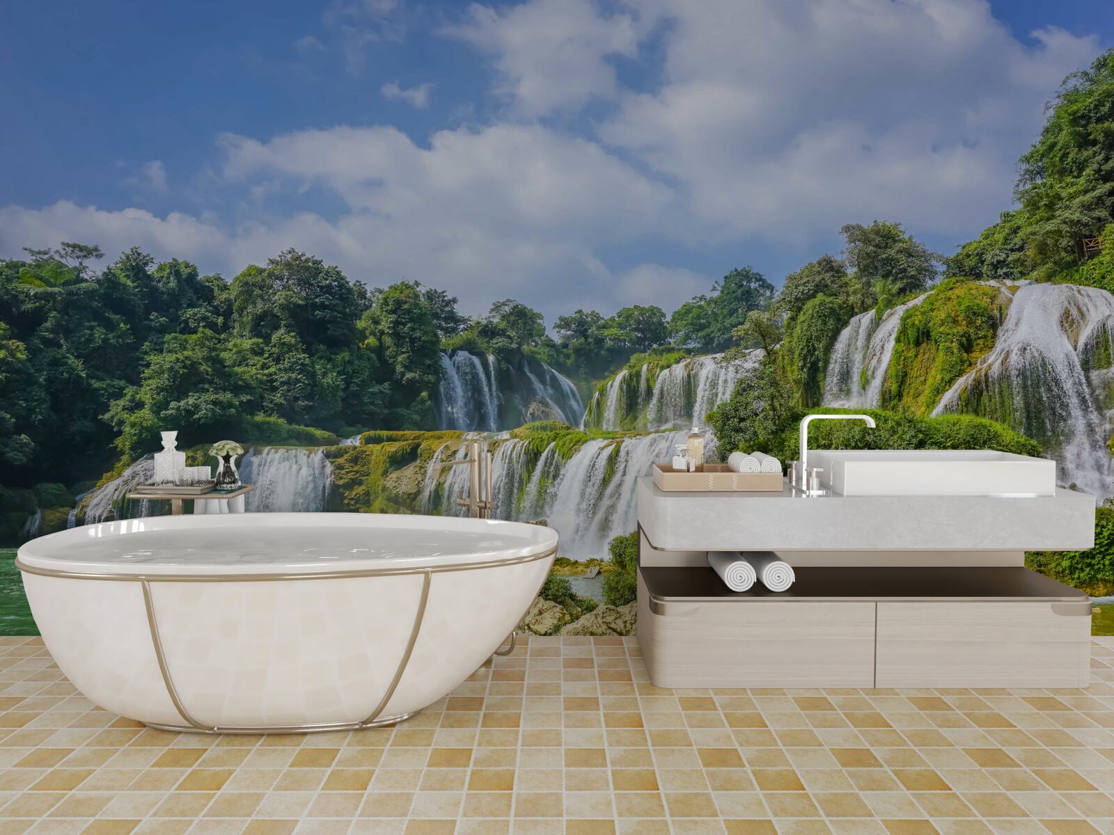 Papier peint chutes d'eau se déversant rapidement dans le bassin du lac