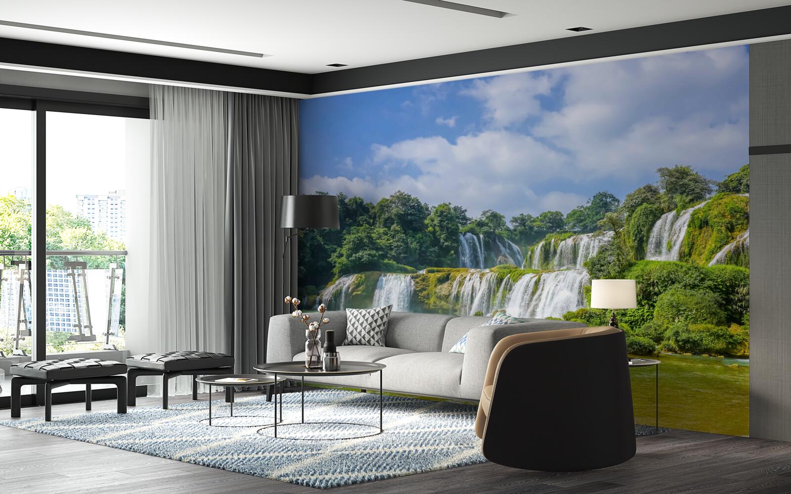 Papier peint chutes d'eau se déversant rapidement dans le bassin du lac