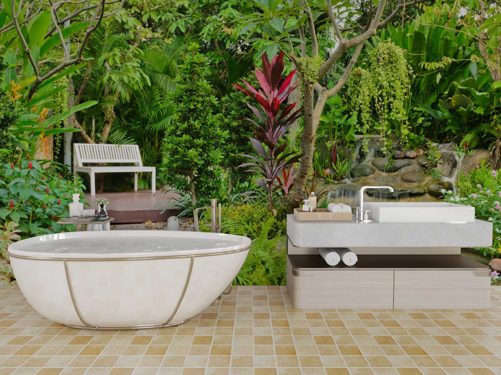 Papier peint paradis tropical dans une zone forestière près d'un étang