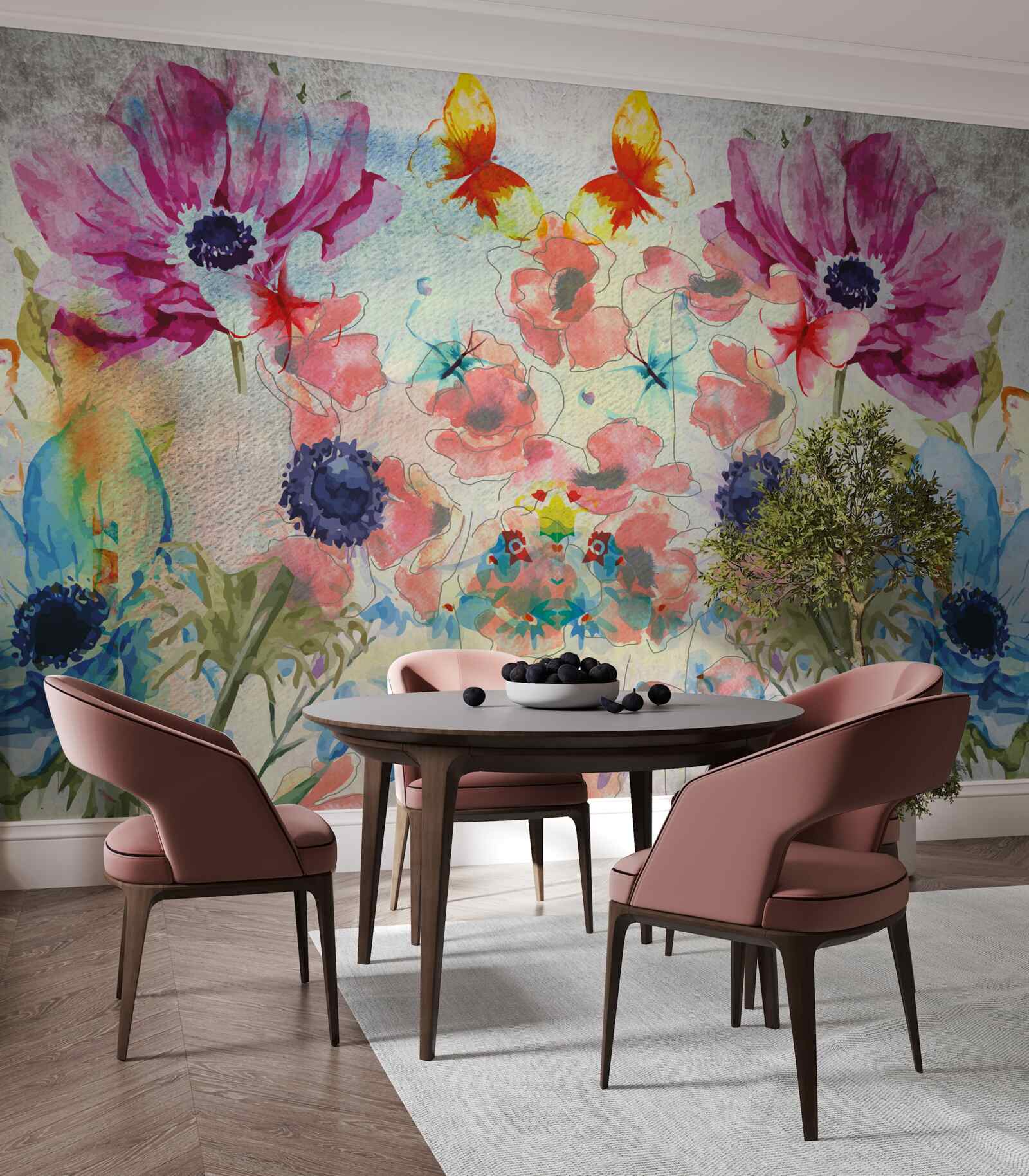 Papier peint fleurs peintes en différentes nuances d'aquarelle