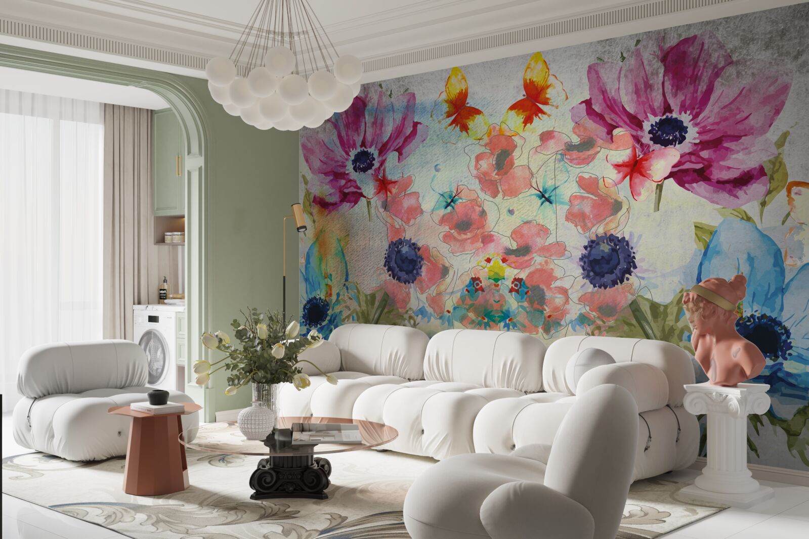 Papier peint fleurs peintes en différentes nuances d'aquarelle