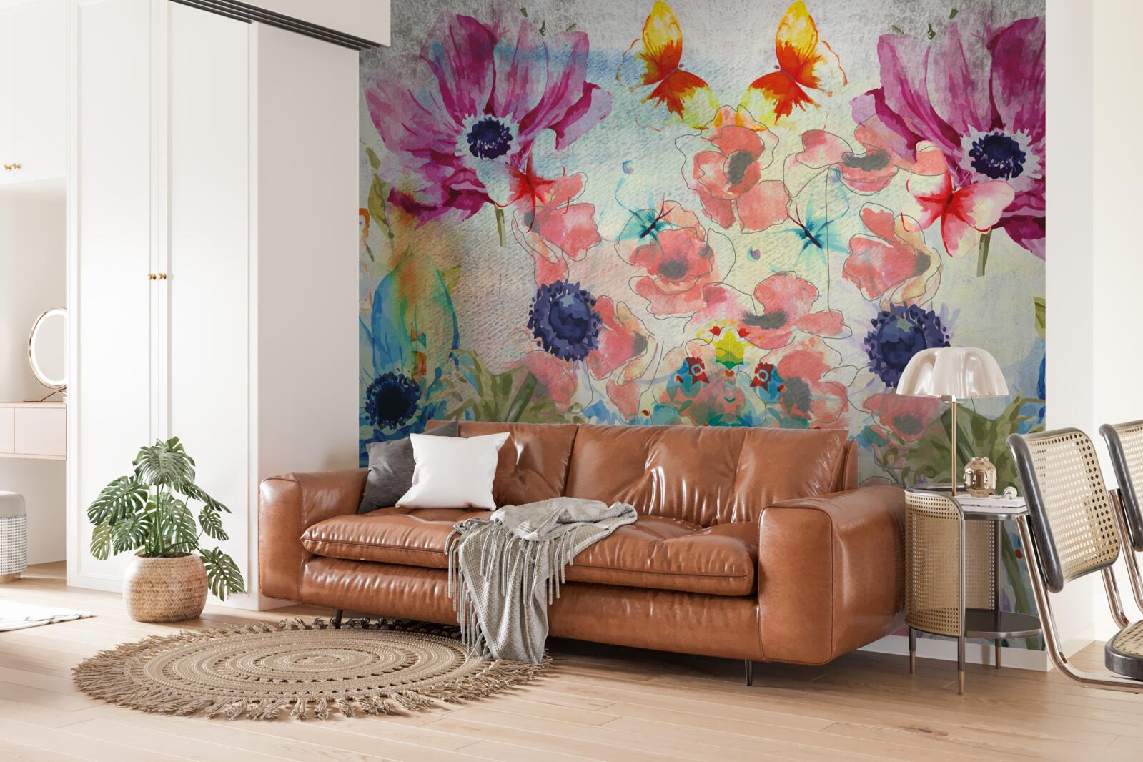 Papier peint fleurs peintes en différentes nuances d'aquarelle