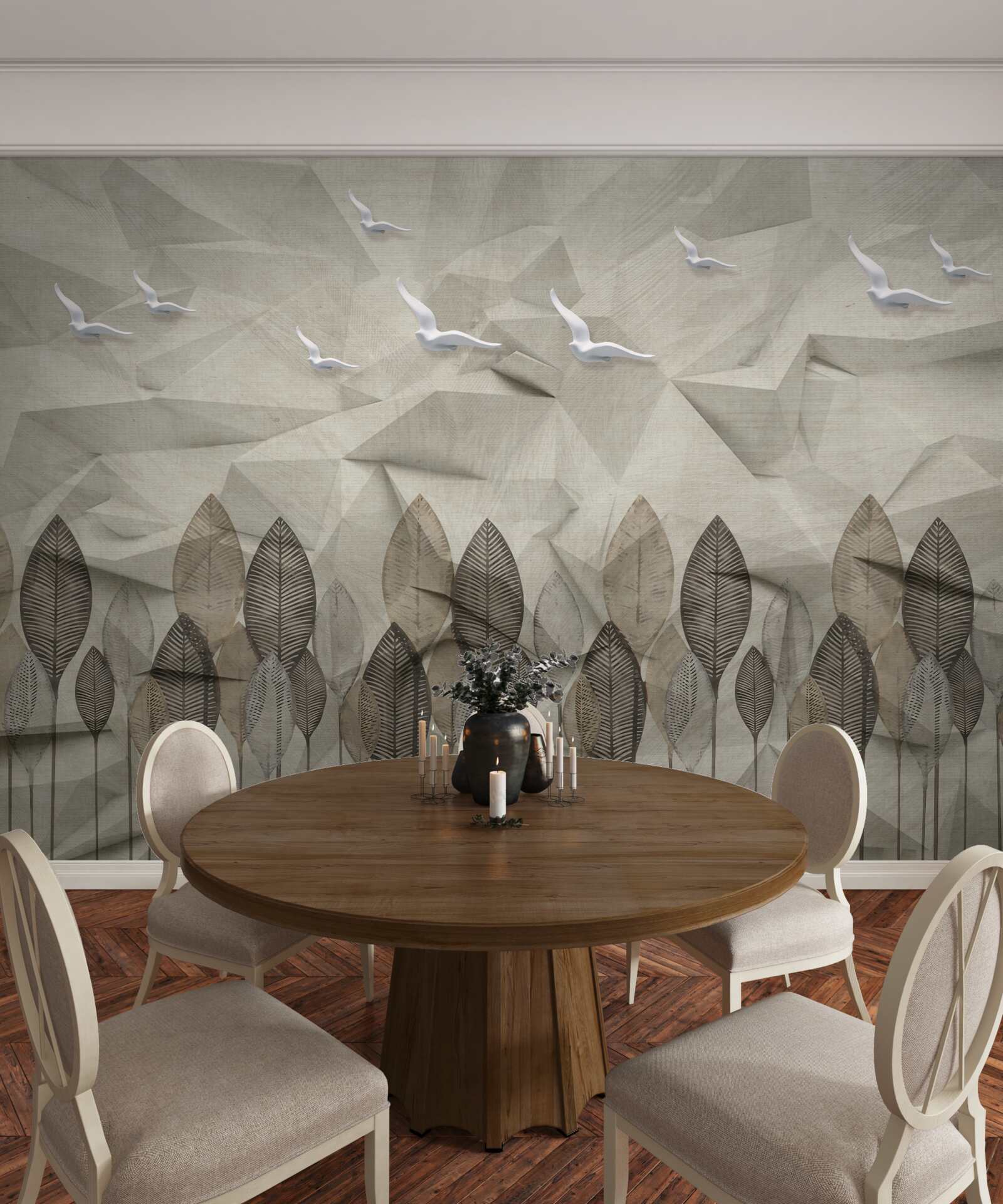 Papier peint des oiseaux qui gagnent des ailes pour voler, et une forêt couleur cendre