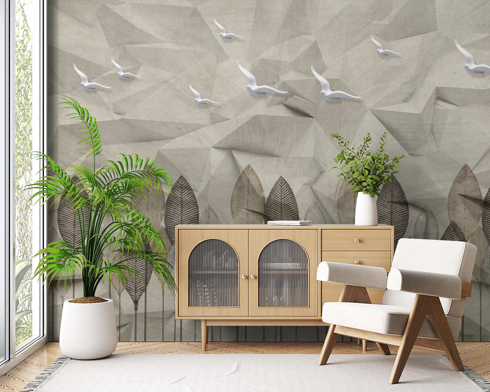 Papier peint des oiseaux qui gagnent des ailes pour voler, et une forêt couleur cendre