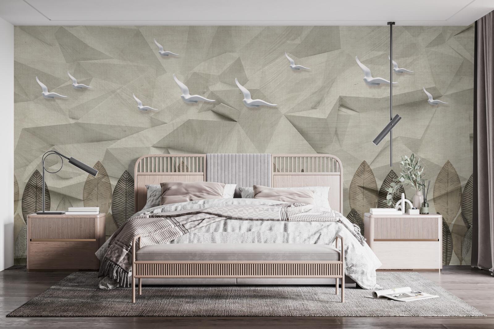 Papier peint des oiseaux qui gagnent des ailes pour voler, et une forêt couleur cendre