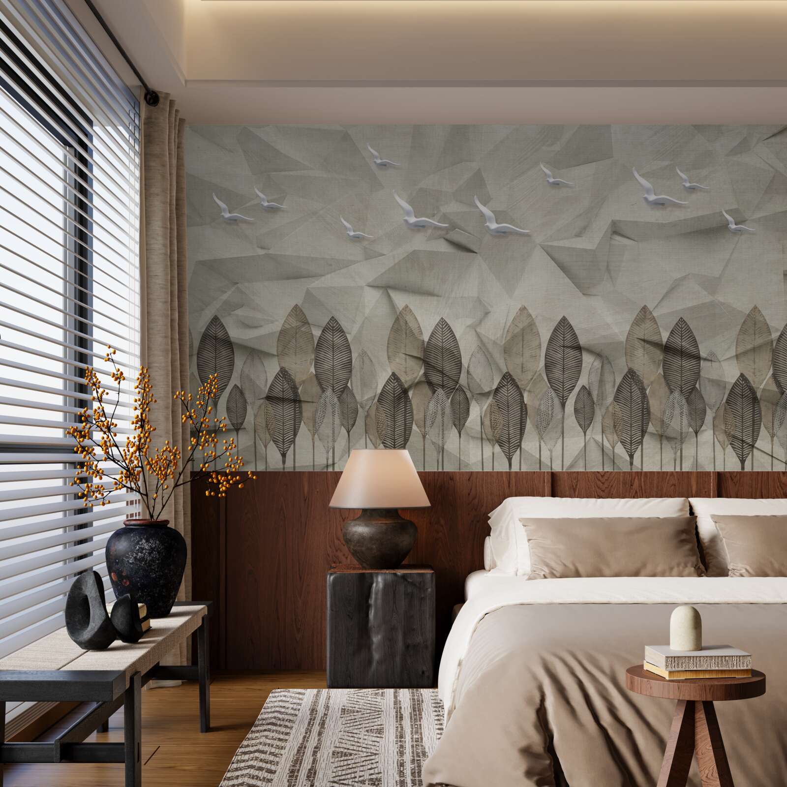 Papier peint des oiseaux qui gagnent des ailes pour voler, et une forêt couleur cendre