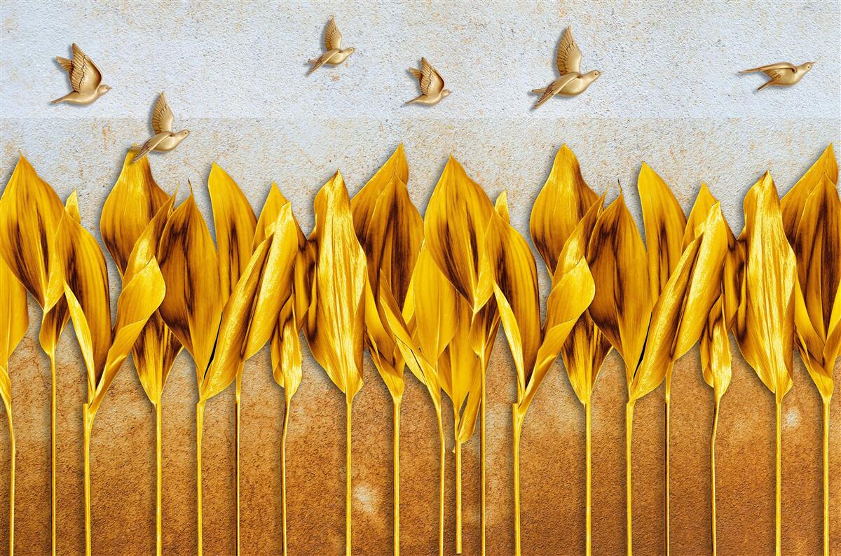 Papier peint une forêt d'automne dorée apparaît au-dessus des ailes des oiseaux qui volent