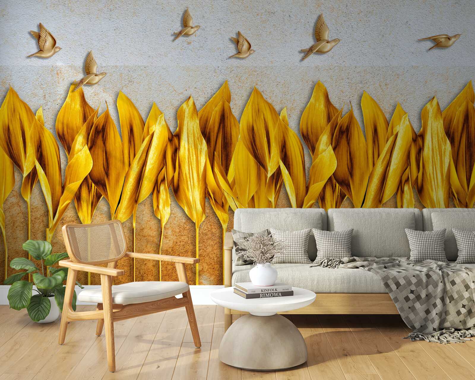 Papier peint une forêt d'automne dorée apparaît au-dessus des ailes des oiseaux qui volent