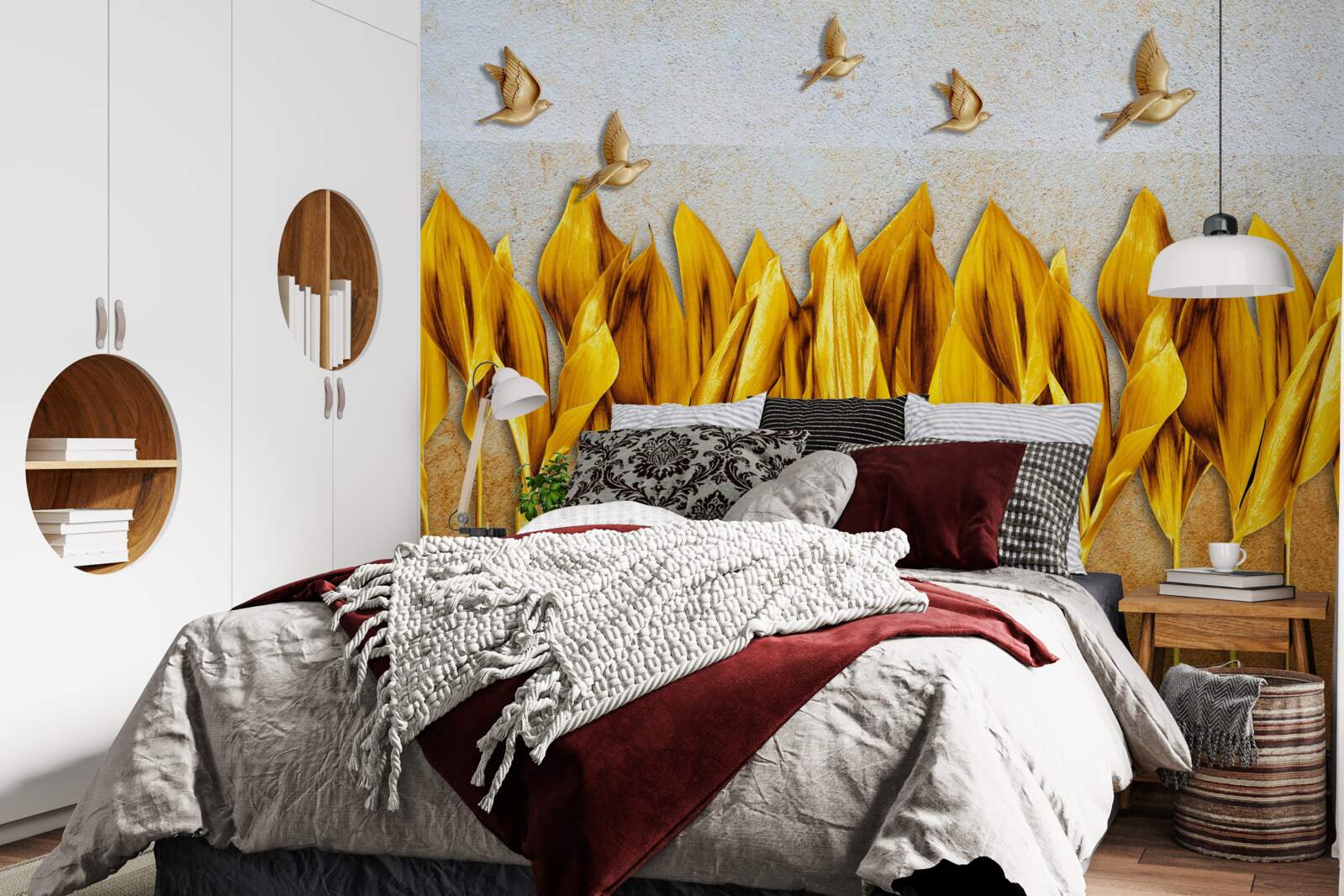 Papier peint une forêt d'automne dorée apparaît au-dessus des ailes des oiseaux qui volent