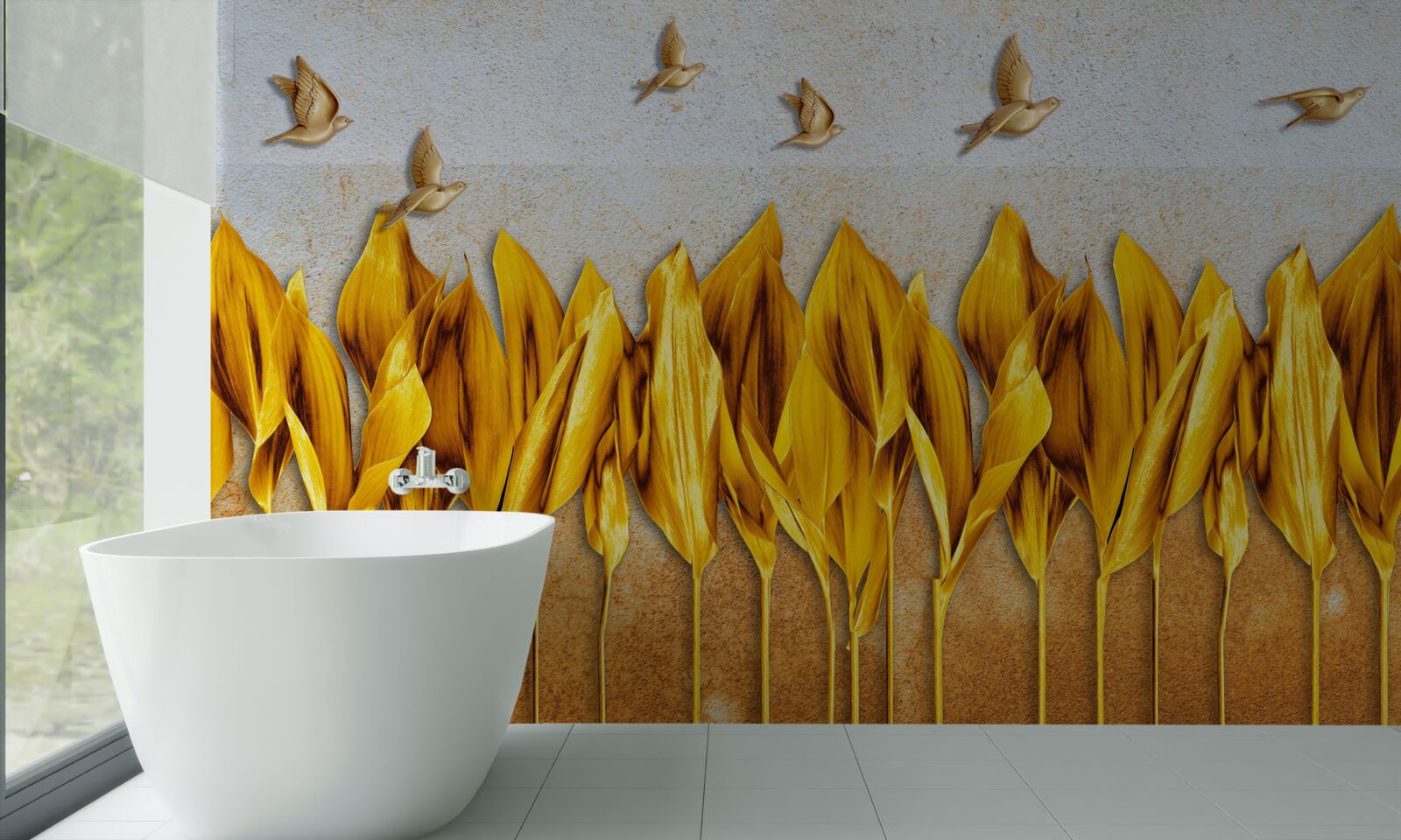 Papier peint une forêt d'automne dorée apparaît au-dessus des ailes des oiseaux qui volent