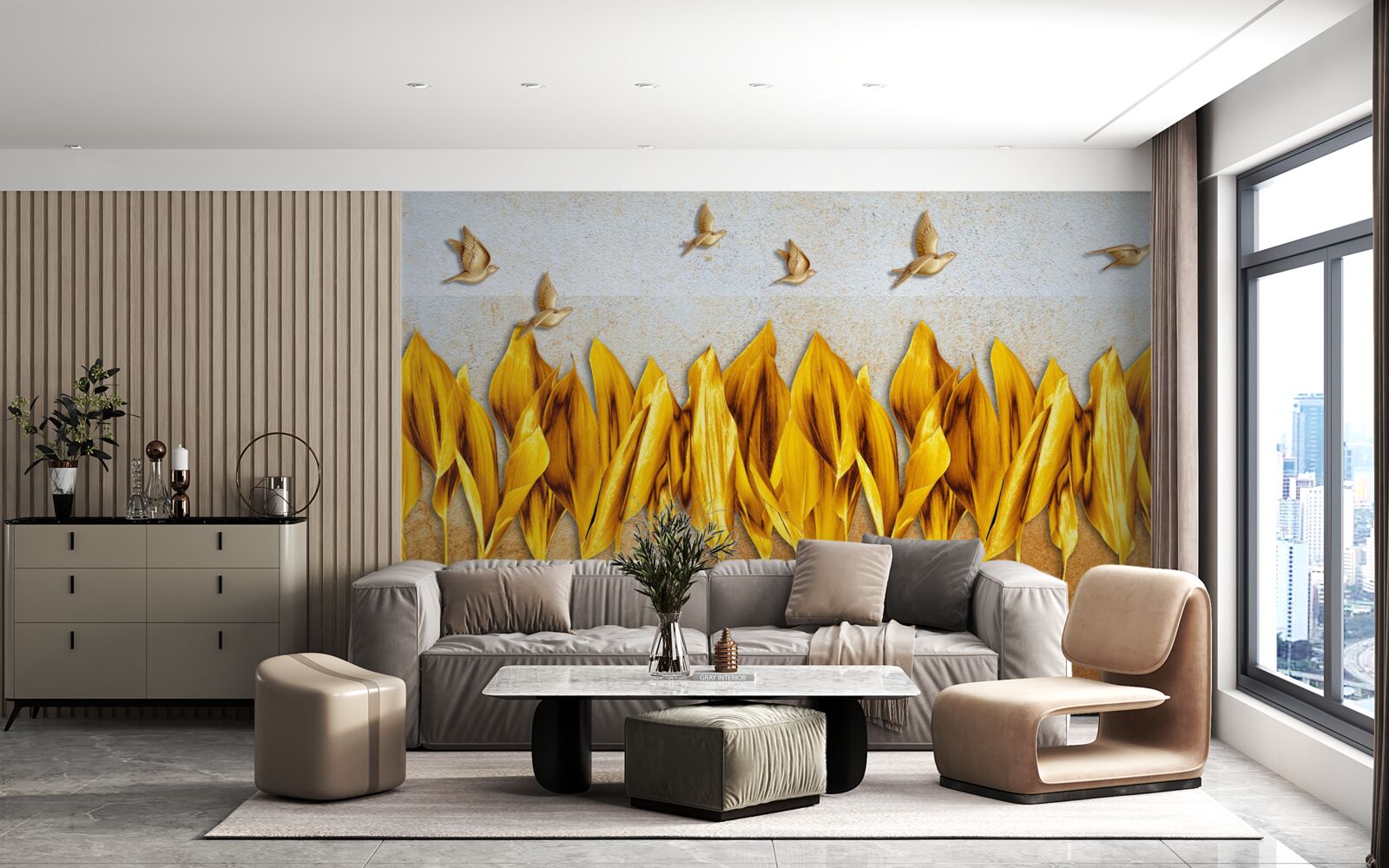 Papier peint une forêt d'automne dorée apparaît au-dessus des ailes des oiseaux qui volent