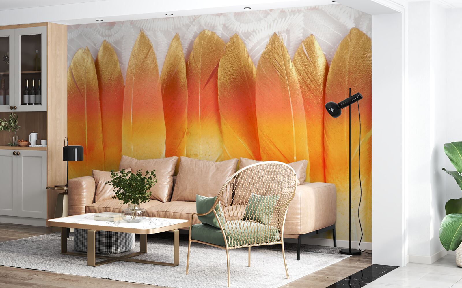 Papier peint plumes teintées de jaune sur fond d'aube