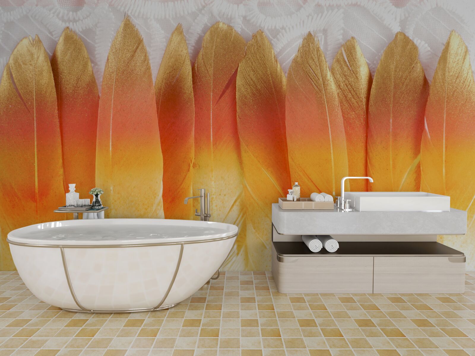 Papier peint plumes teintées de jaune sur fond d'aube