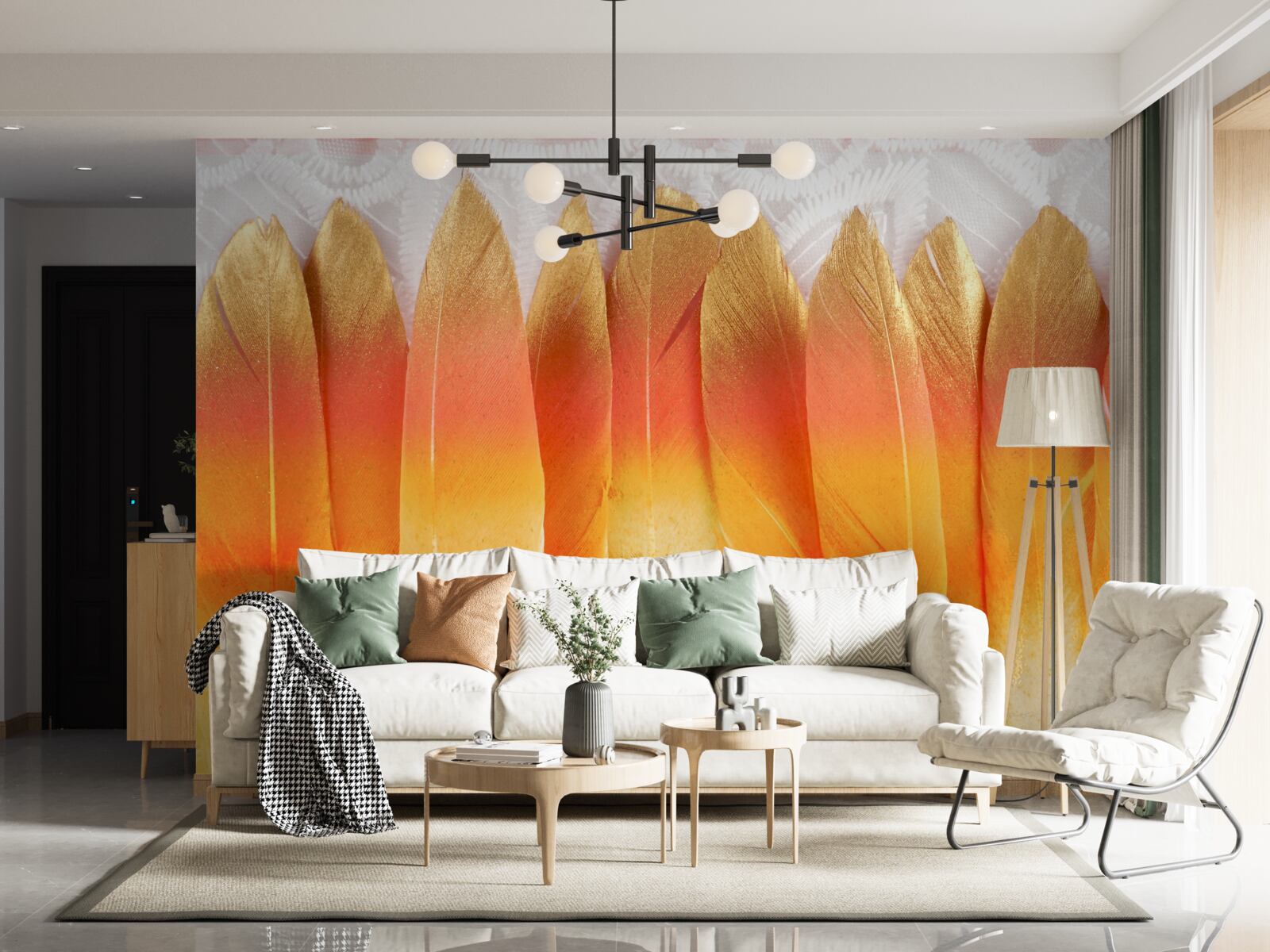 Papier peint plumes teintées de jaune sur fond d'aube