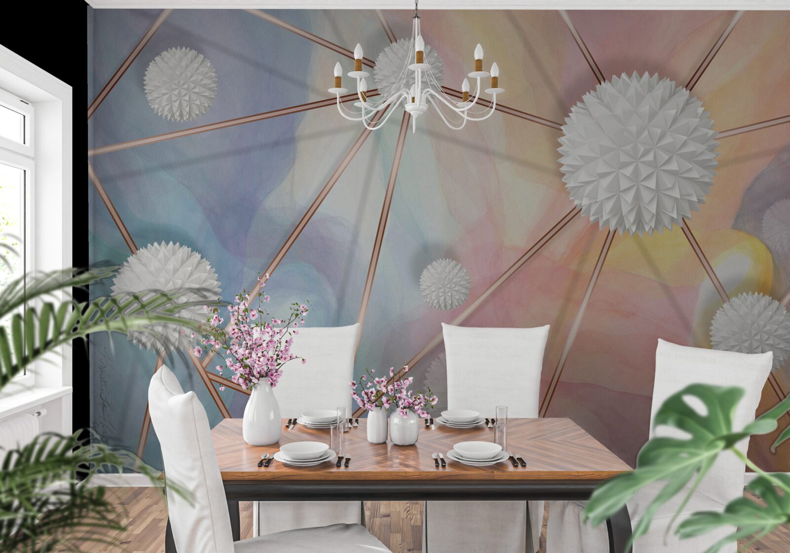 Papier peint les boules flottant dans l'air et les cordes qui les relient, en or