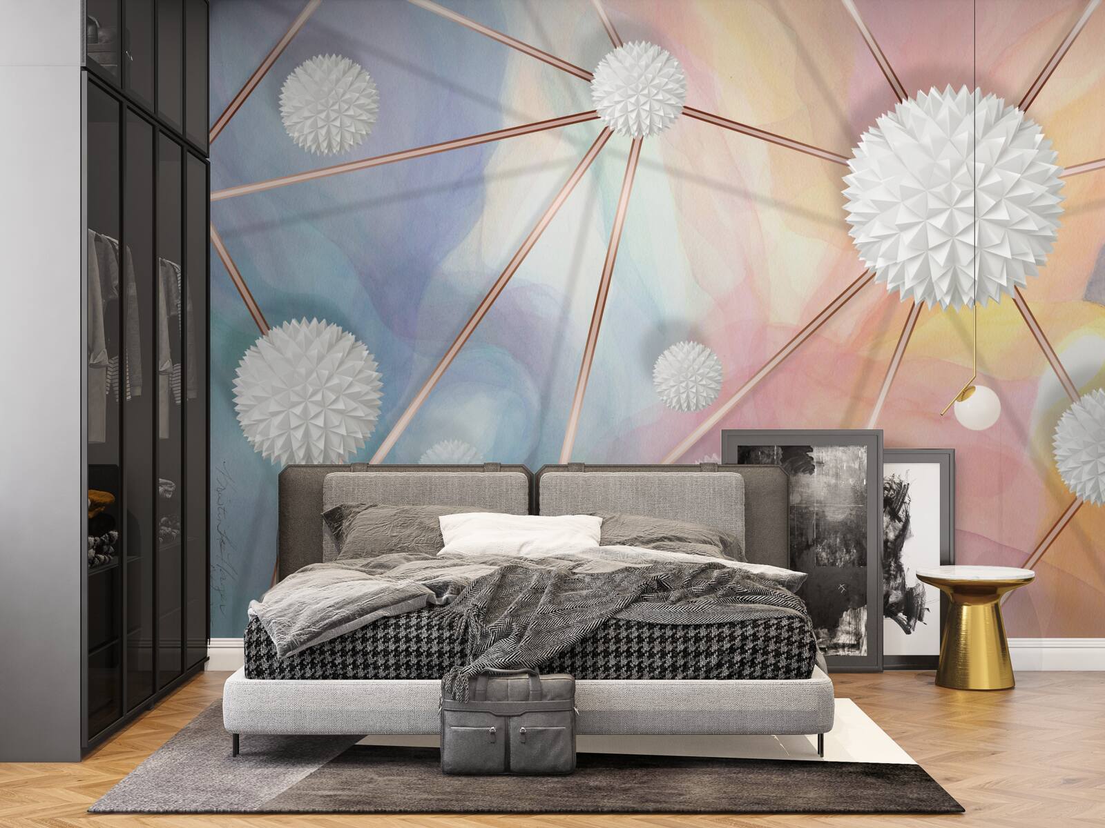 Papier peint les boules flottant dans l'air et les cordes qui les relient, en or