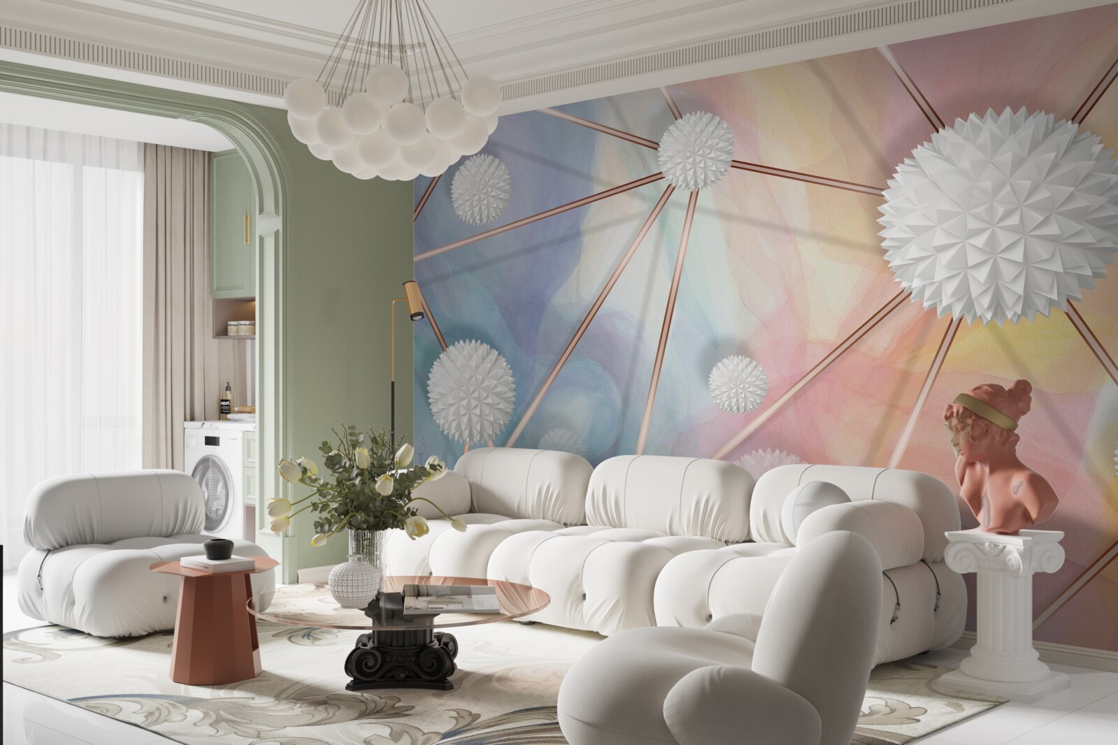 Papier peint les boules flottant dans l'air et les cordes qui les relient, en or