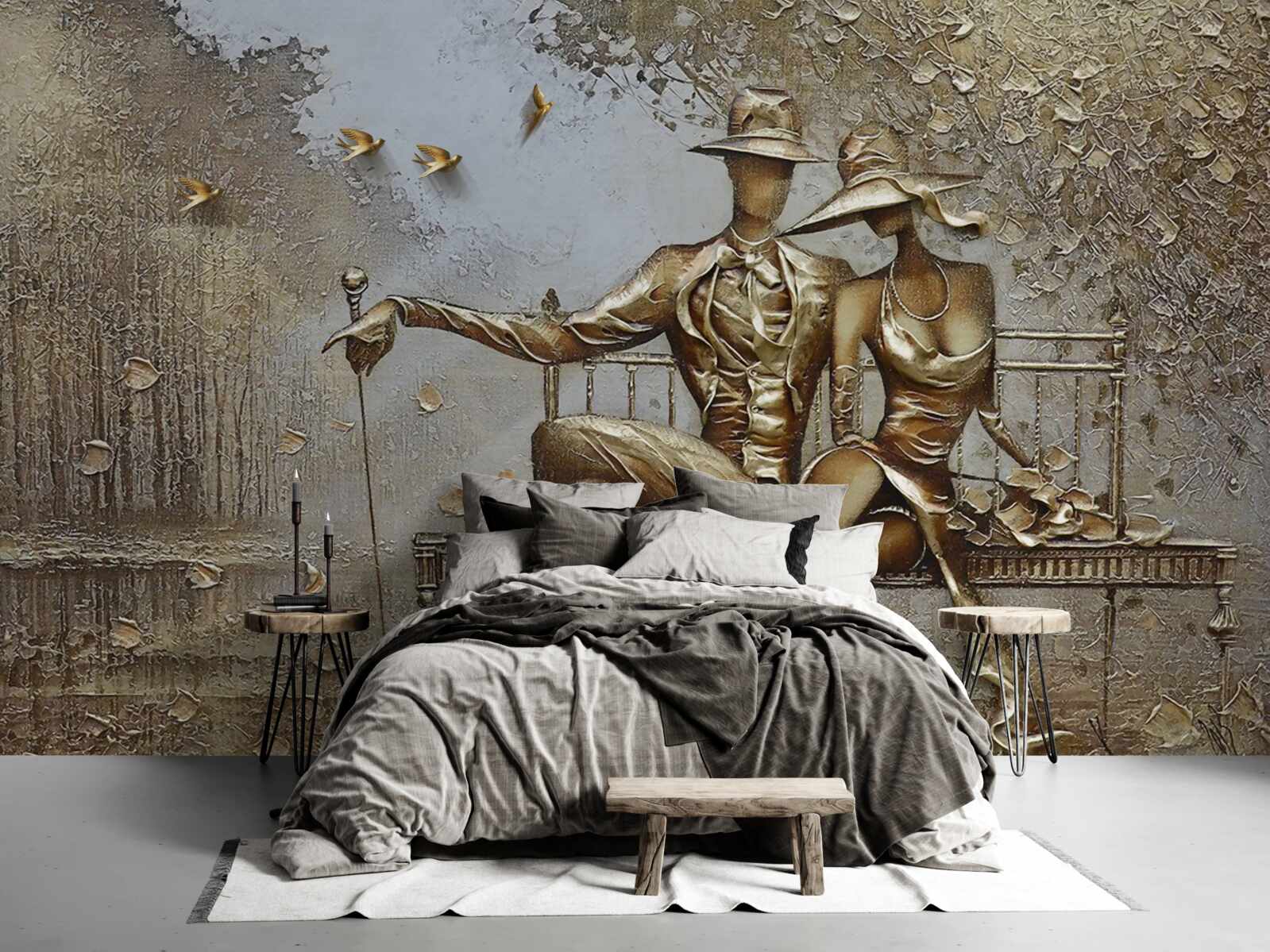 Papier peint jeunes amoureux sur un banc pendant une averse