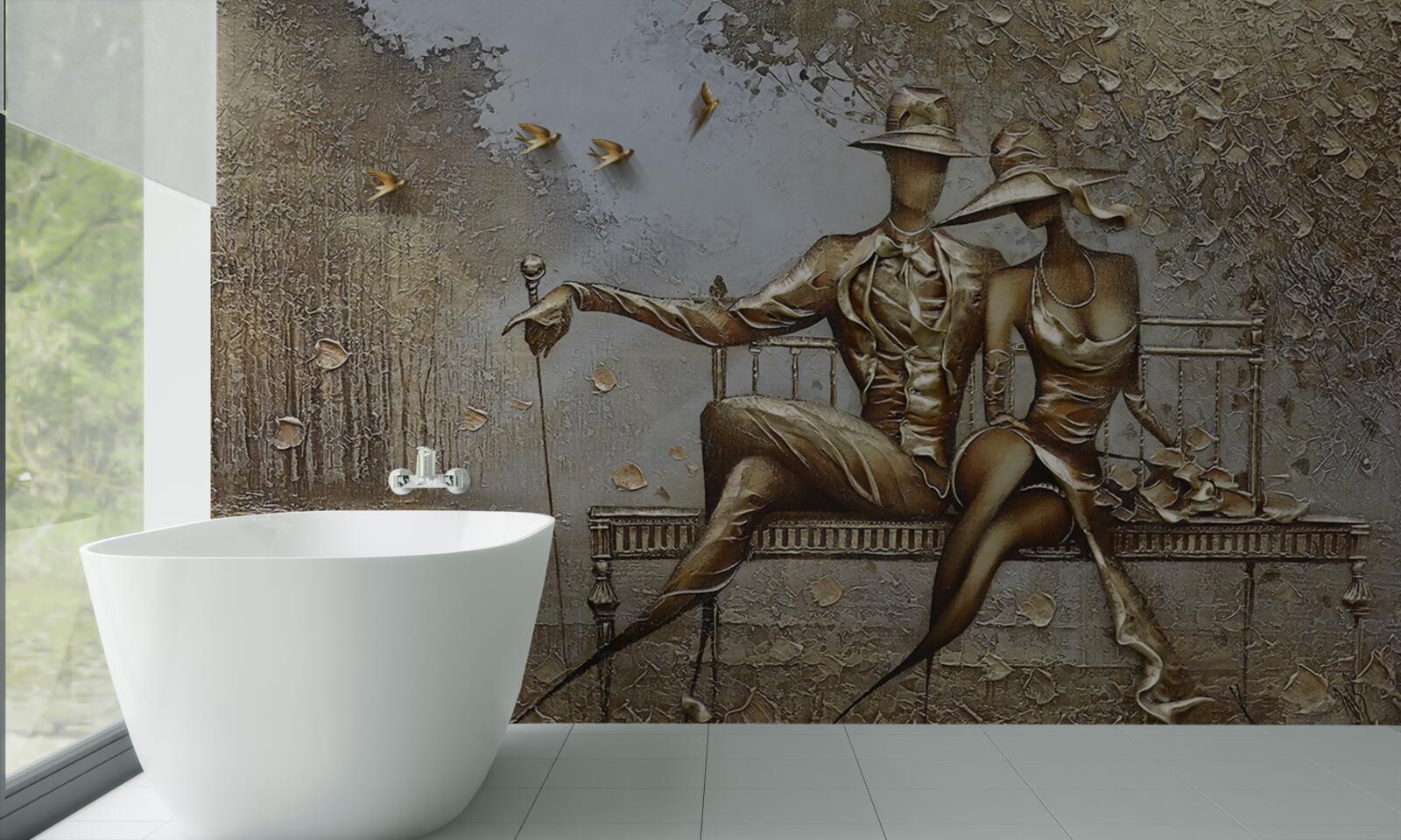 Papier peint jeunes amoureux sur un banc pendant une averse