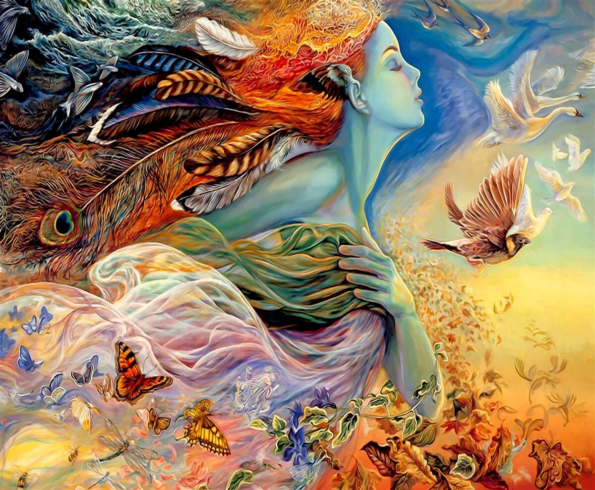 Papier peint fille entourée de fleurs d'automne, balancée par le vent