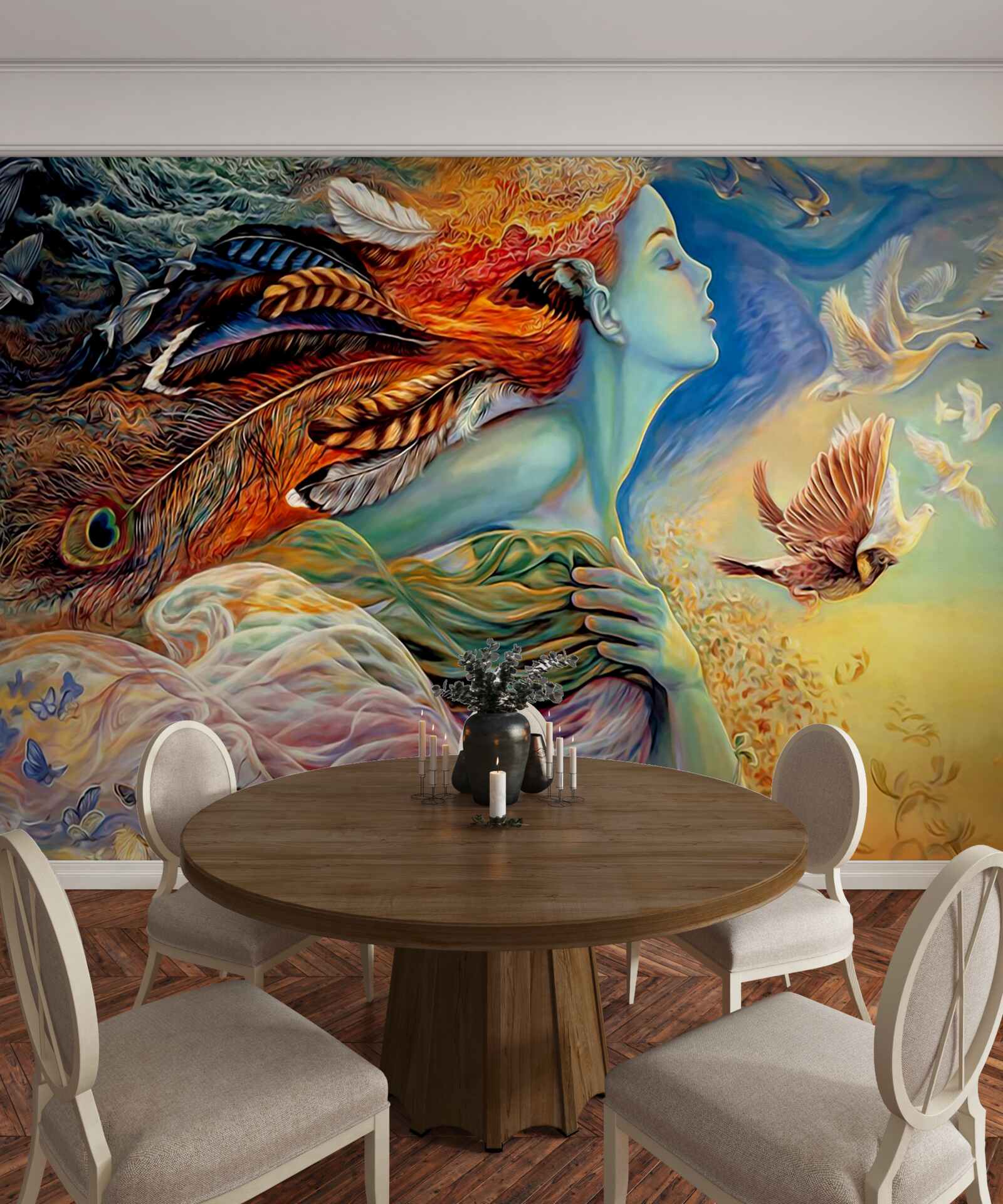 Papier peint fille entourée de fleurs d'automne, balancée par le vent